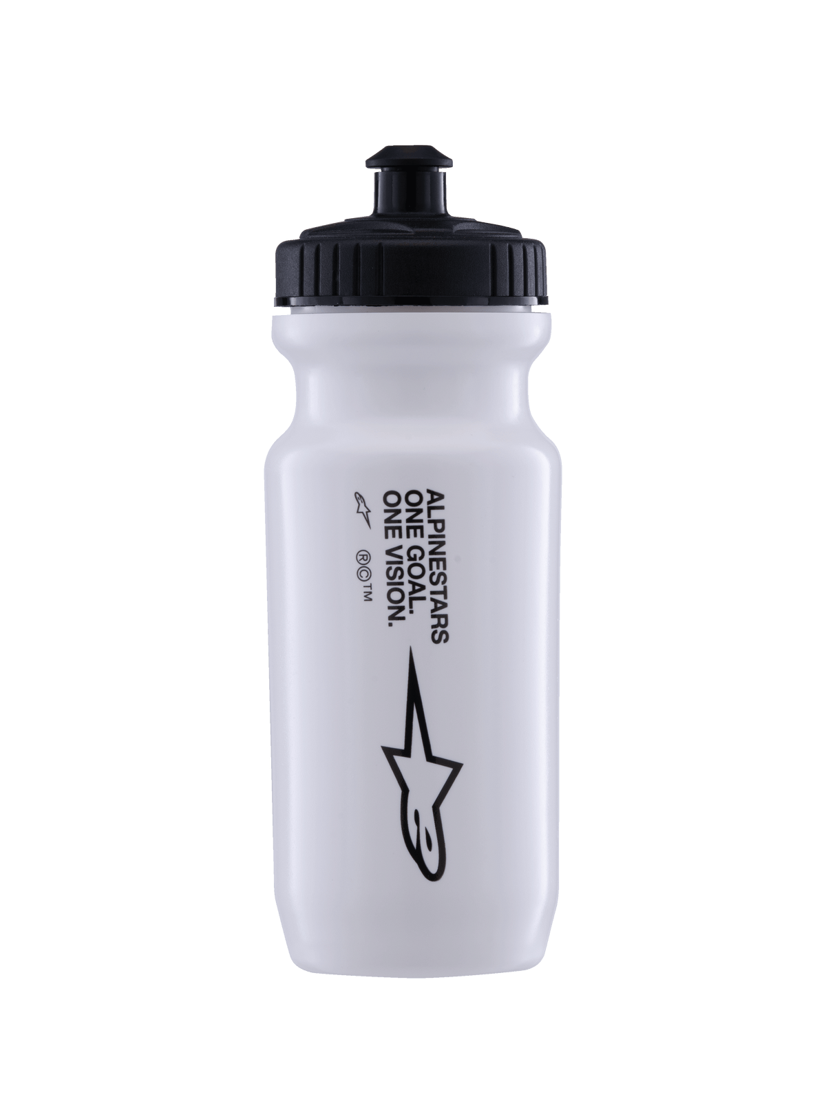 Borraccia Alpinestars Ogov 20oz, bianca con tappo nero, con scritta 'One Goal One Vision' e logo Alpinestars, beccuccio push-pull, design cilindrico a compressione per l'idratazione nel ciclismo