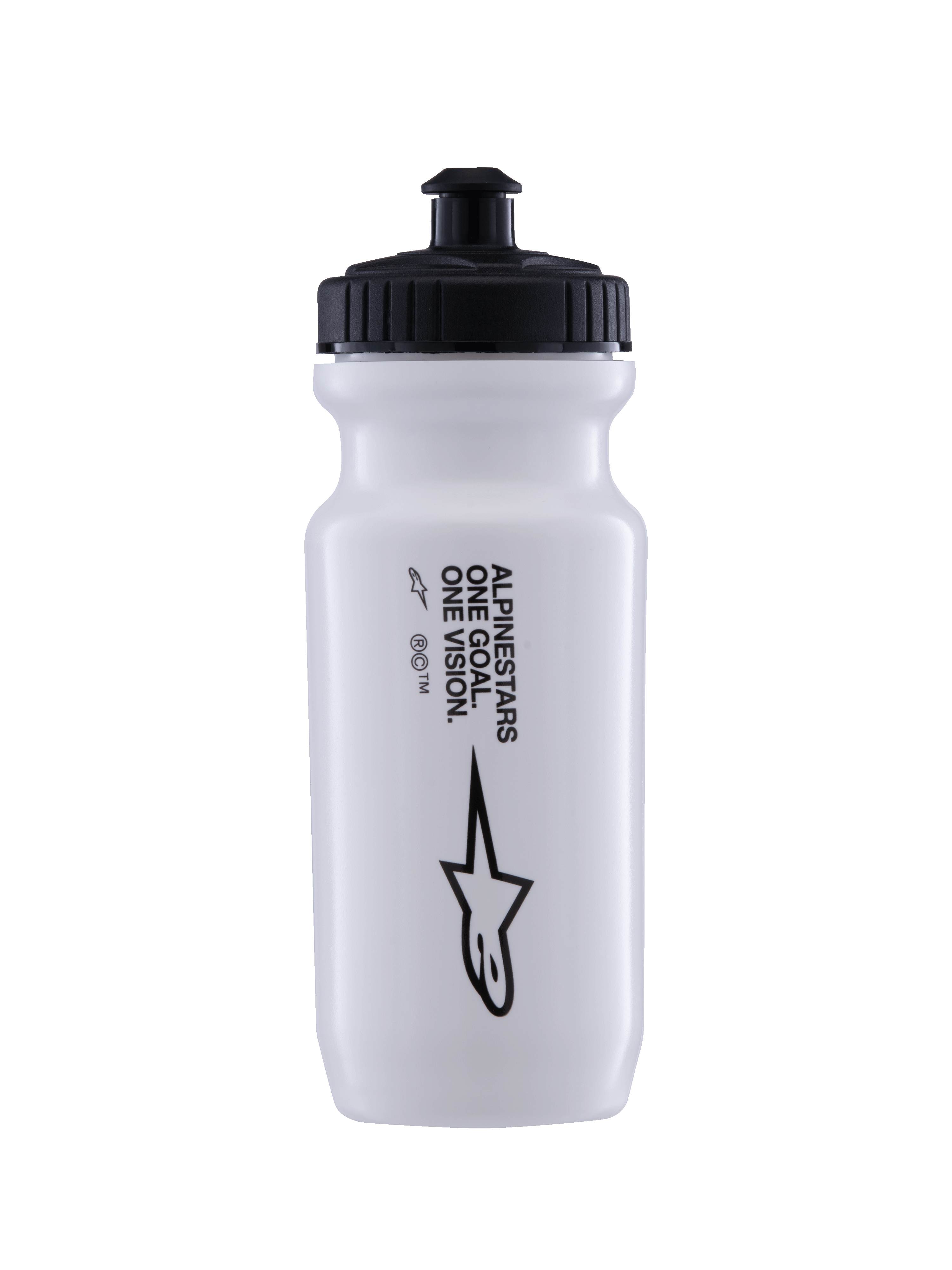 Borraccia Alpinestars Ogov 20oz, bianca con tappo nero, con scritta 'One Goal One Vision' e logo Alpinestars, beccuccio push-pull, design cilindrico a compressione per l'idratazione nel ciclismo