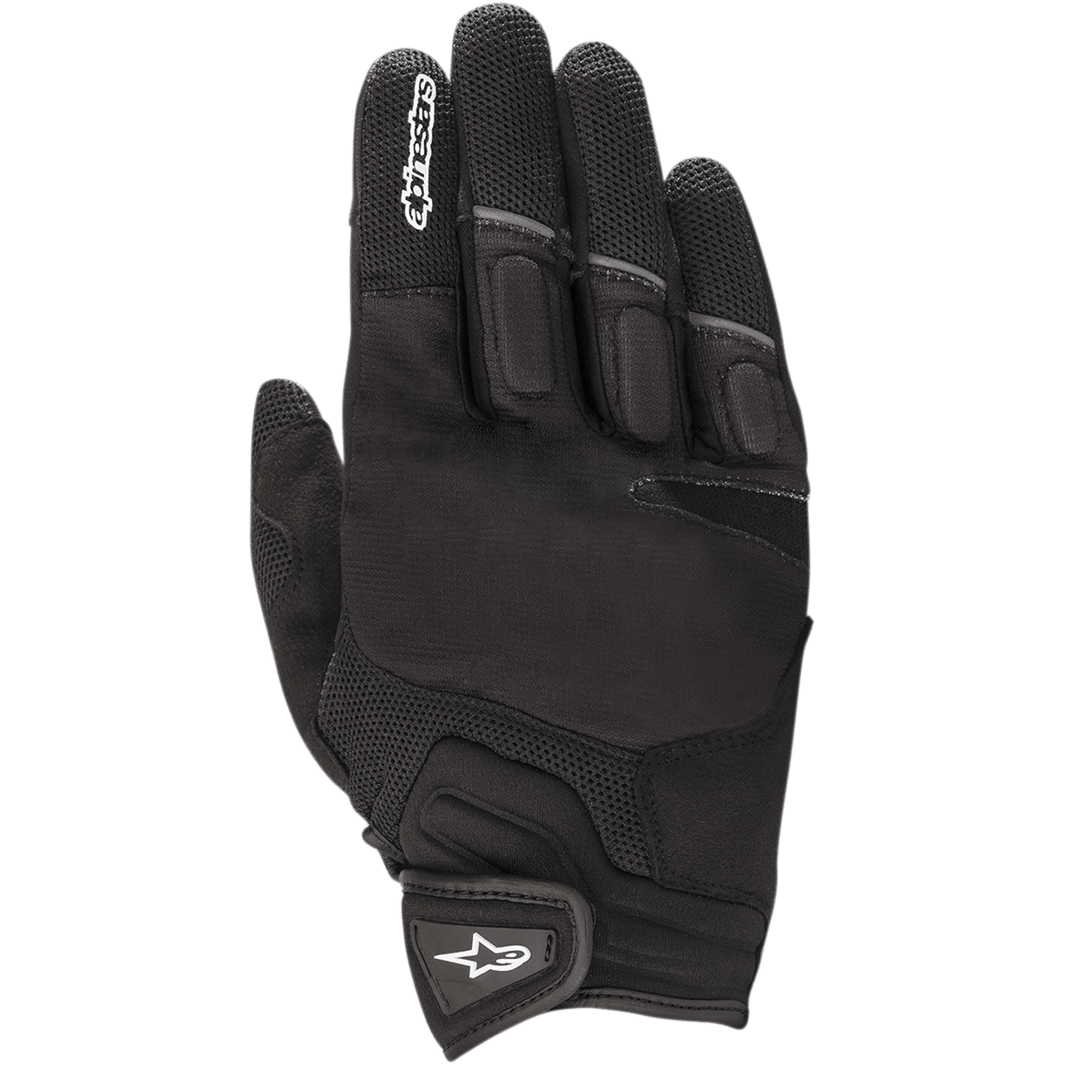 Alpinestars Atom Gloves, guanti da moto, neri, con inserti in mesh per la traspirabilità, struttura in tessuto elasticizzato, protezione imbottita per le nocche e cinturino a strappo con logo a stella bianco
