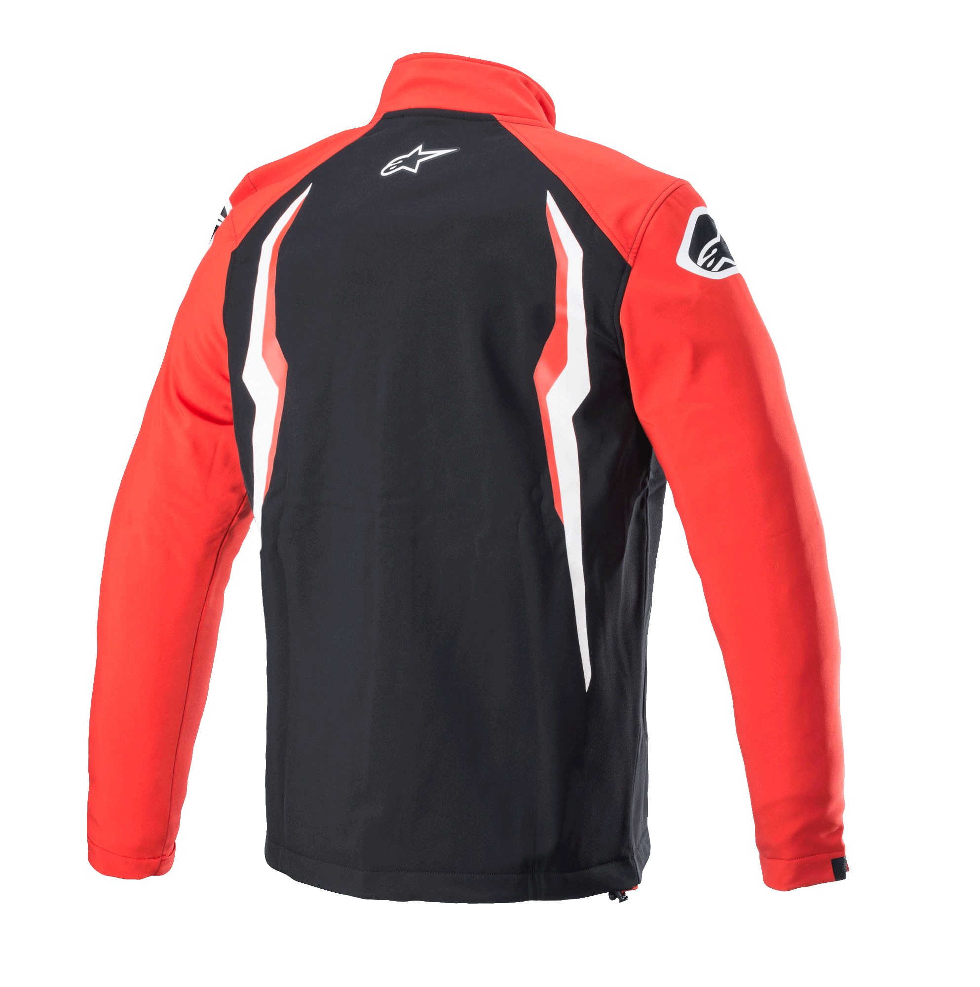 Giacca softshell Alpinestars Honda, rosso e nero, vista posteriore con pannello centrale nero e maniche rosse, caratterizzata da grafiche a contrasto bianche e rosse, logo Alpinestars sul collo e sulla spalla, design softshell sportivo ispirato al motorsport