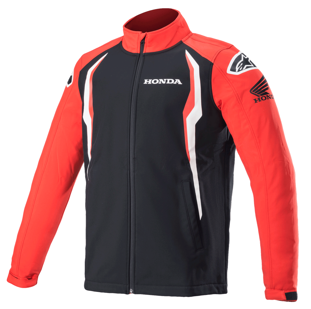 Giacca softshell Honda Alpinestars, giacca sportswear, rossa e nera con dettagli bianchi, pannelli a contrasto, collo alto con zip frontale, loghi Honda e Alpinestars su petto e spalle, abbigliamento lifestyle ispirato al motorsport