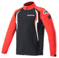 Giacca softshell Honda Alpinestars, giacca sportswear, rossa e nera con dettagli bianchi, pannelli a contrasto, collo alto con zip frontale, loghi Honda e Alpinestars su petto e spalle, abbigliamento lifestyle ispirato al motorsport