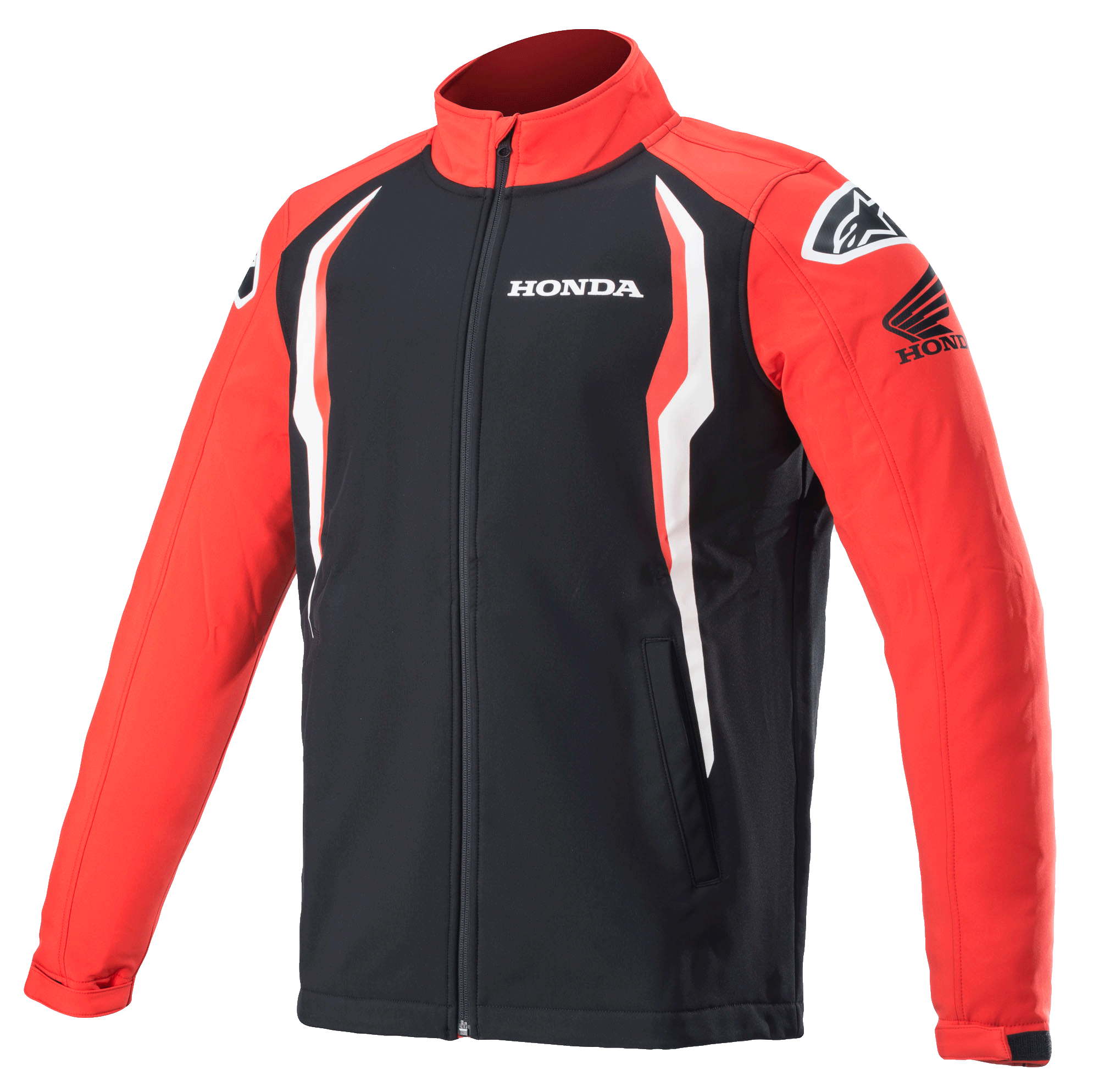 Giacca softshell Honda Alpinestars, giacca sportswear, rossa e nera con dettagli bianchi, pannelli a contrasto, collo alto con zip frontale, loghi Honda e Alpinestars su petto e spalle, abbigliamento lifestyle ispirato al motorsport
