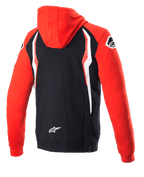 Alpinestars Honda Zip Hoodie, rosso e nero, vista posteriore, felpa in pile co-brandizzata con cappuccio e maniche rosse, retro nero con pannelli a contrasto bianchi e rossi, logo stella Alpinestars sulla parte bassa della schiena, streetwear casual ispirato al motorsport