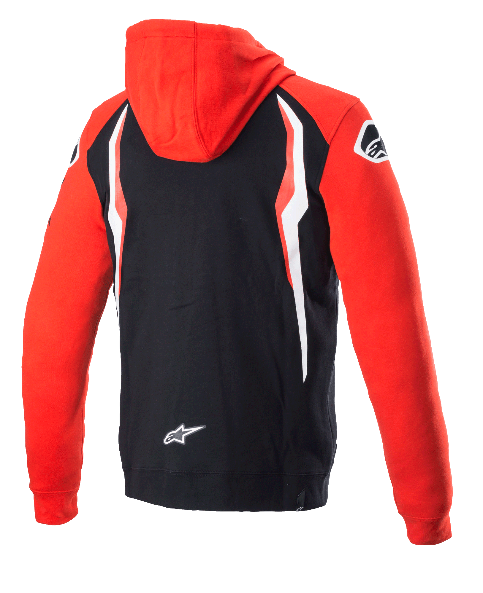 Alpinestars Honda Zip Hoodie, rosso e nero, vista posteriore, felpa in pile co-brandizzata con cappuccio e maniche rosse, retro nero con pannelli a contrasto bianchi e rossi, logo stella Alpinestars sulla parte bassa della schiena, streetwear casual ispirato al motorsport
