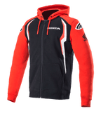 Alpinestars Honda Zip Hoodie, felpa con cappuccio e zip integrale, rosso e nero con accenti bianchi, marchio Honda sul petto e sulla manica, loghi Alpinestars sulle spalle, cappuccio con cordino, abbigliamento casual da motorsport