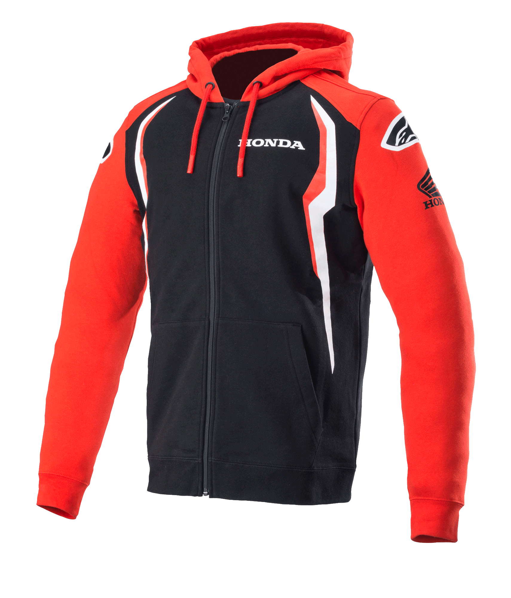 Alpinestars Honda Zip Hoodie, felpa con cappuccio e zip integrale, rosso e nero con accenti bianchi, marchio Honda sul petto e sulla manica, loghi Alpinestars sulle spalle, cappuccio con cordino, abbigliamento casual da motorsport