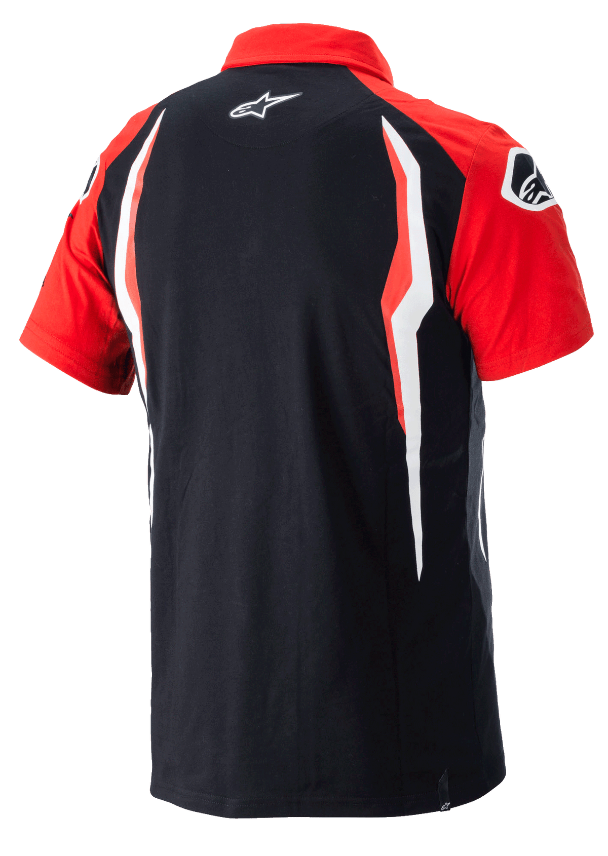 Alpinestars Honda Polo, polo a maniche corte, rosso e nero, vista posteriore con pannelli laterali a contrasto e logo Alpinestars sul retro, abbigliamento sportivo casual motorsport