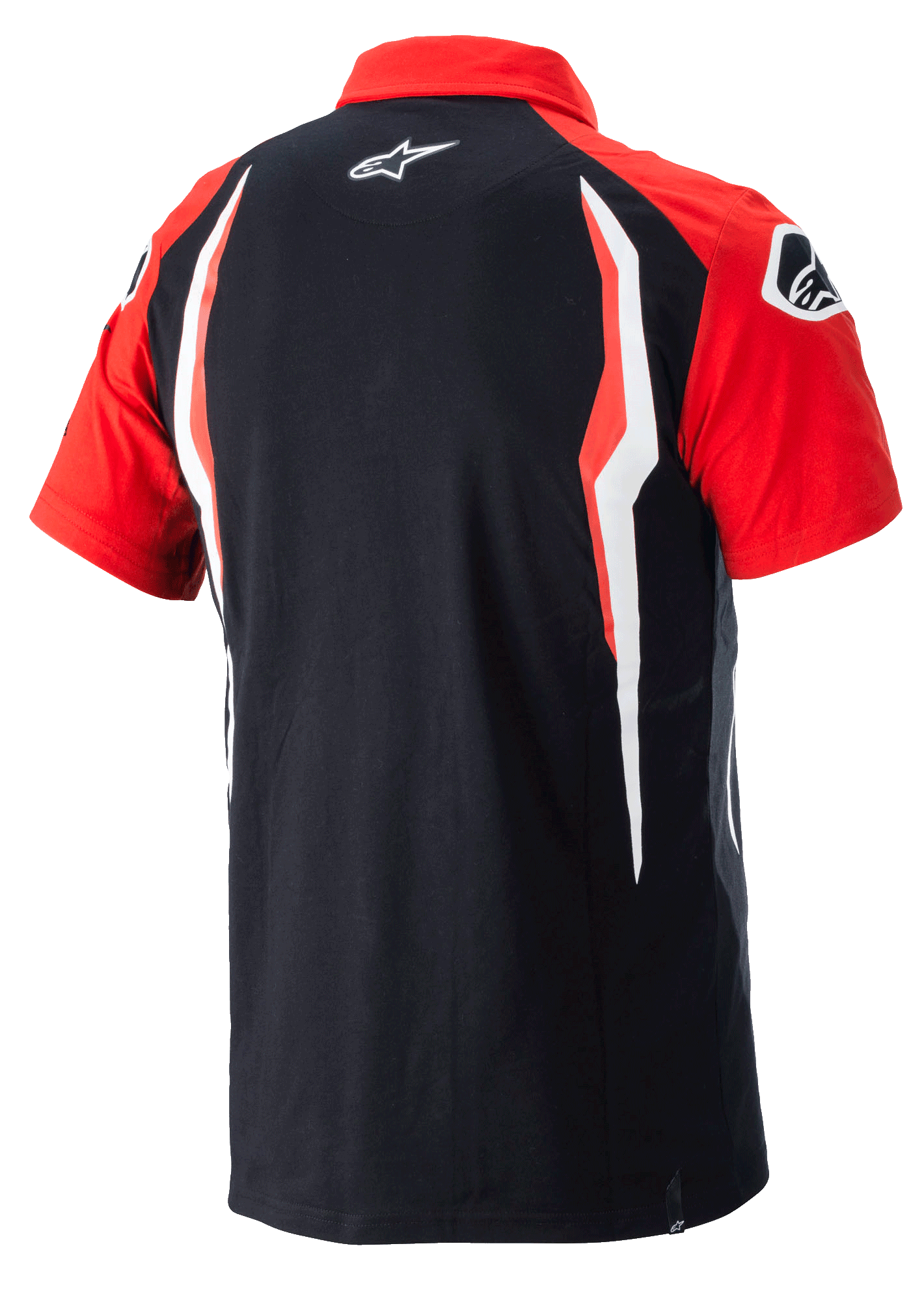Alpinestars Honda Polo, polo a maniche corte, rosso e nero, vista posteriore con pannelli laterali a contrasto e logo Alpinestars sul retro, abbigliamento sportivo casual motorsport