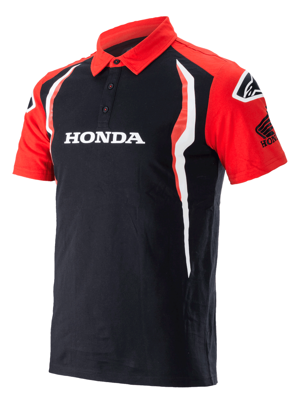 Alpinestars Honda Polo, polo a maniche corte, nero e rosso, con abbottonatura a tre bottoni, logo Honda bianco sul petto, logo Honda Wing sulla manica e inserti laterali verticali bianchi e rossi.