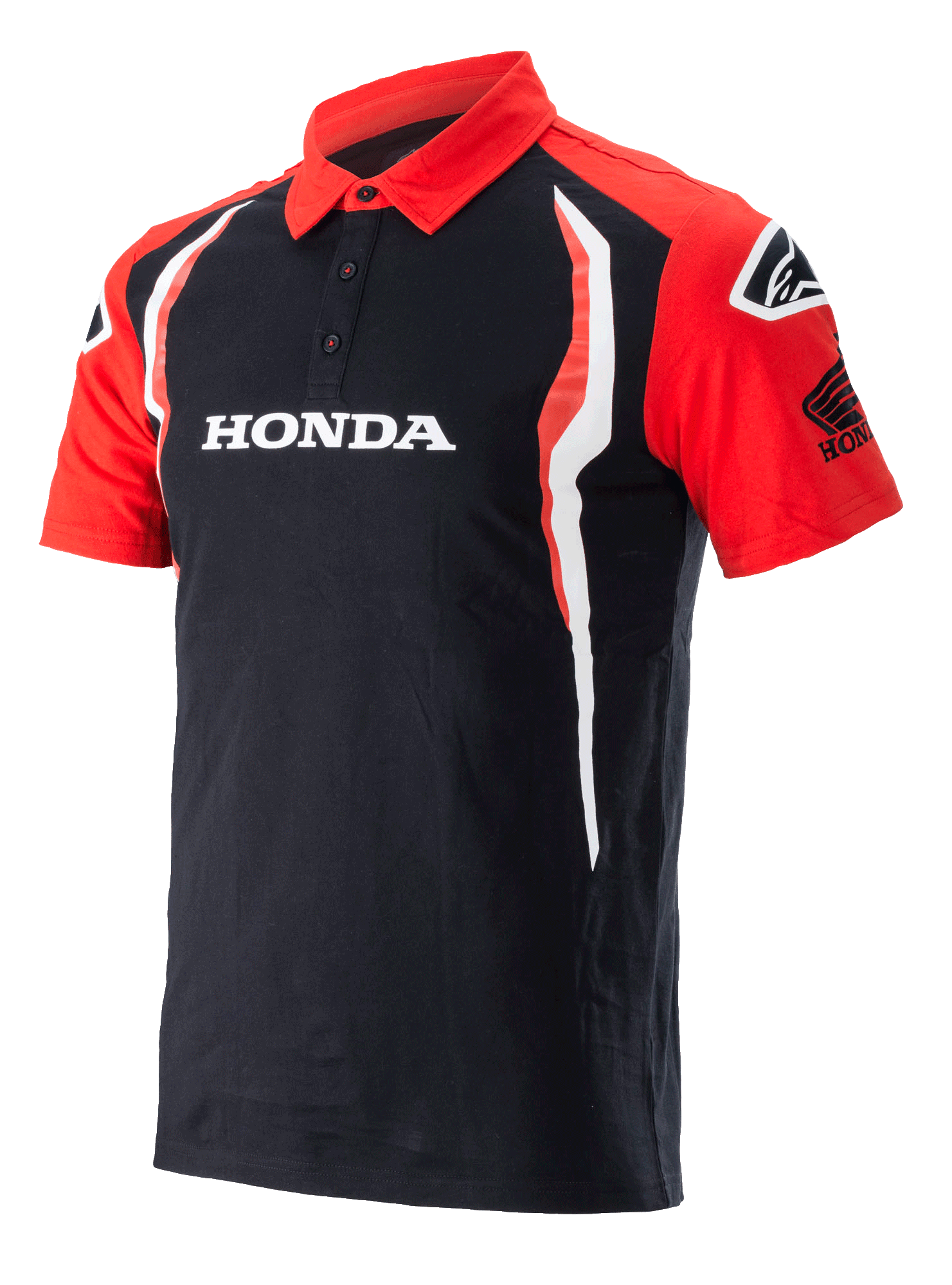 Alpinestars Honda Polo, polo a maniche corte, nero e rosso, con abbottonatura a tre bottoni, logo Honda bianco sul petto, logo Honda Wing sulla manica e inserti laterali verticali bianchi e rossi.