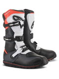 Stivali Alpinestars Tech-T, stivali da moto trial, nero, bianco e rosso fluo, con sistema di chiusura a tre fibbie, placca parastinchi ergonomica, protezione sulla punta testurizzata e suola carrarmato a basso profilo, design tecnico per fuoristrada
