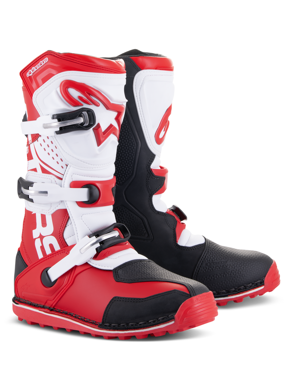 Alpinestars Tech-T Boots, stivali da moto per trial, rosso vivace, nero e bianco, con placca parastinchi ergonomica bianca e logo rosso, tre fibbie regolabili, pannelli protettivi neri e suola rossa con design aderente per prestazioni di guida trial
