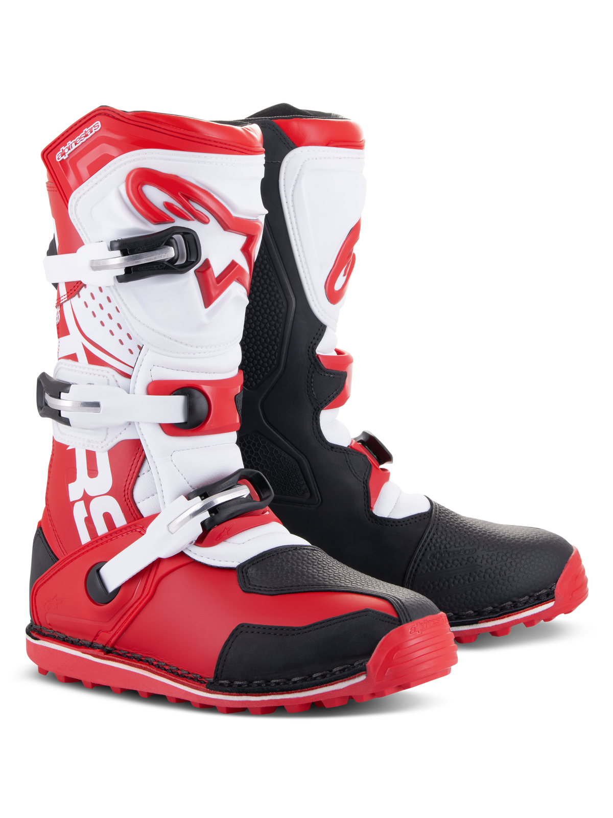 Alpinestars Tech-T Boots, stivali da moto per trial, rosso vivace, nero e bianco, con placca parastinchi ergonomica bianca e logo rosso, tre fibbie regolabili, pannelli protettivi neri e suola rossa con design aderente per prestazioni di guida trial