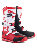 Alpinestars Tech-T Boots, stivali da moto per trial, rosso vivace, nero e bianco, con placca parastinchi ergonomica bianca e logo rosso, tre fibbie regolabili, pannelli protettivi neri e suola rossa con design aderente per prestazioni di guida trial