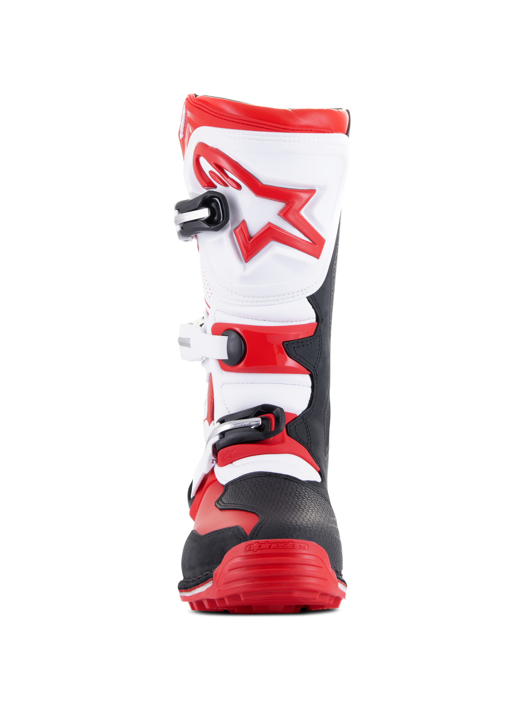 Alpinestars Tech-T Boots, stivali da moto trial, rosso vivace, nero e bianco, vista frontale con placca parastinchi ergonomica bianca e logo a stella rossa, sistema di chiusura a tre fibbie e zona della punta robusta in nero e rosso, progettati per il trial fuoristrada