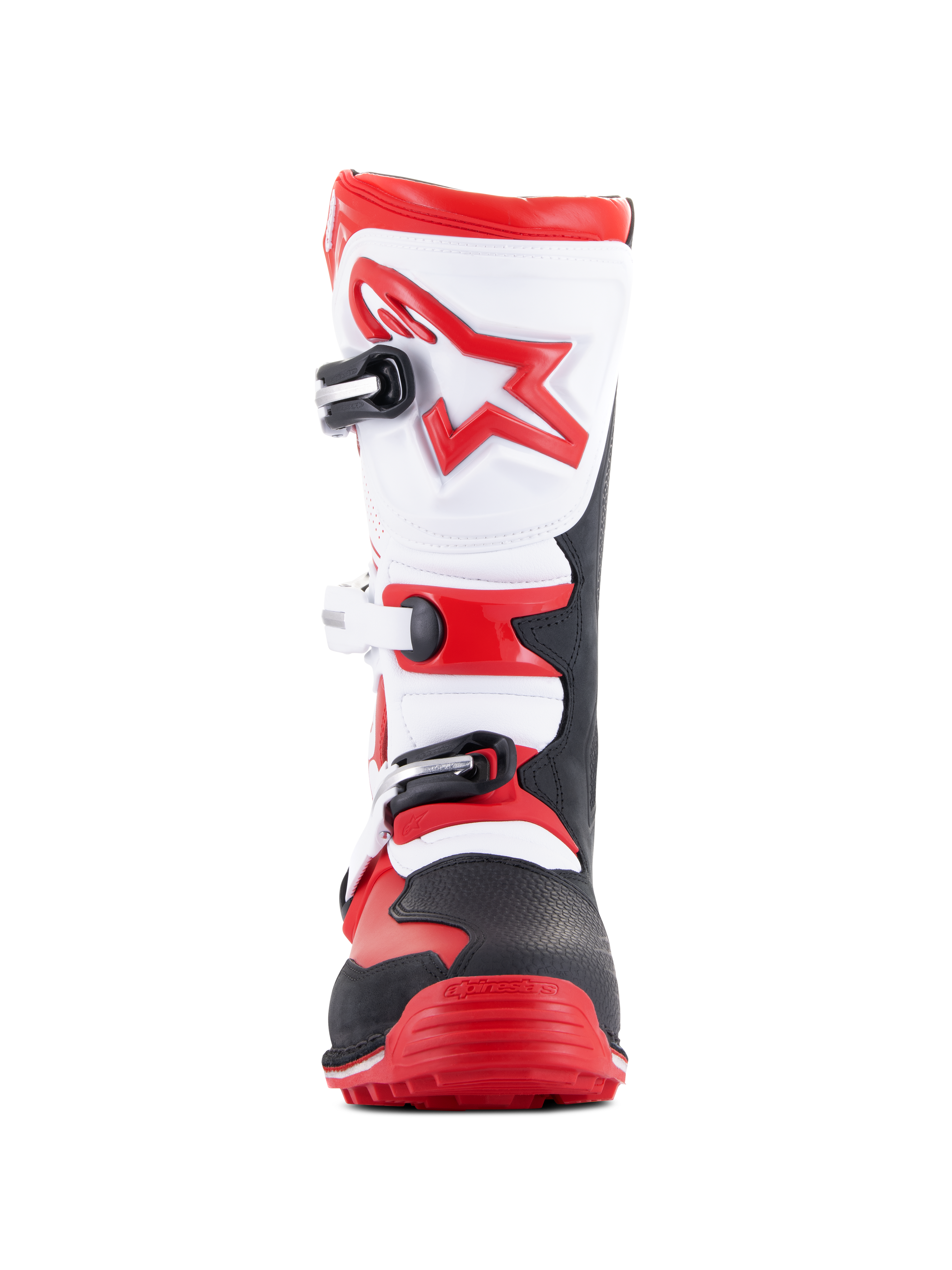 Alpinestars Tech-T Boots, stivali da moto trial, rosso vivace, nero e bianco, vista frontale con placca parastinchi ergonomica bianca e logo a stella rossa, sistema di chiusura a tre fibbie e zona della punta robusta in nero e rosso, progettati per il trial fuoristrada