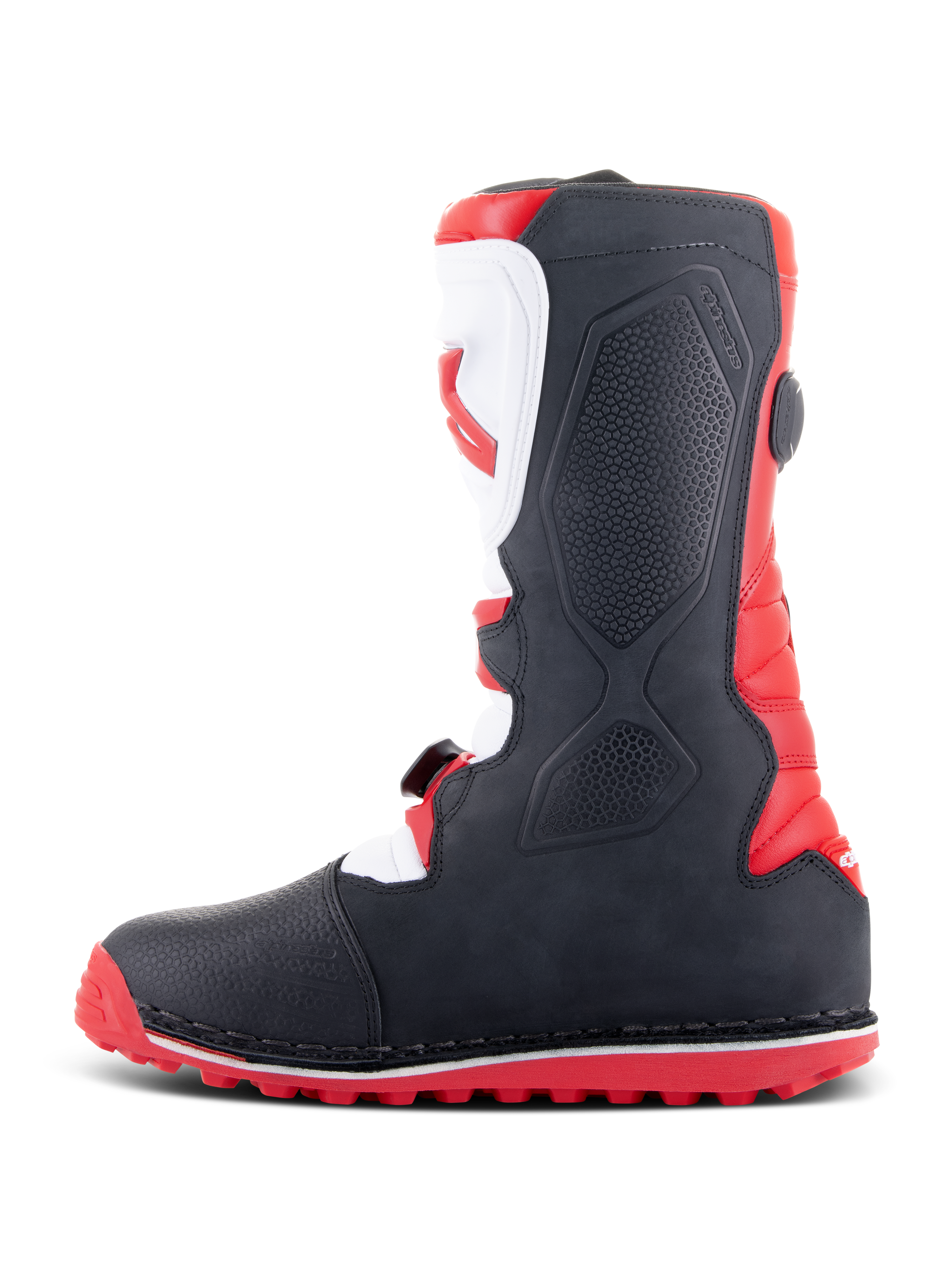 Stivali Alpinestars Tech-T, stivali da trial, rosso acceso, nero e bianco, profilo laterale con placca parastinchi bianca ergonomica e logo rosso, pannelli neri testurizzati e suola tassellata rossa per trazione fuoristrada