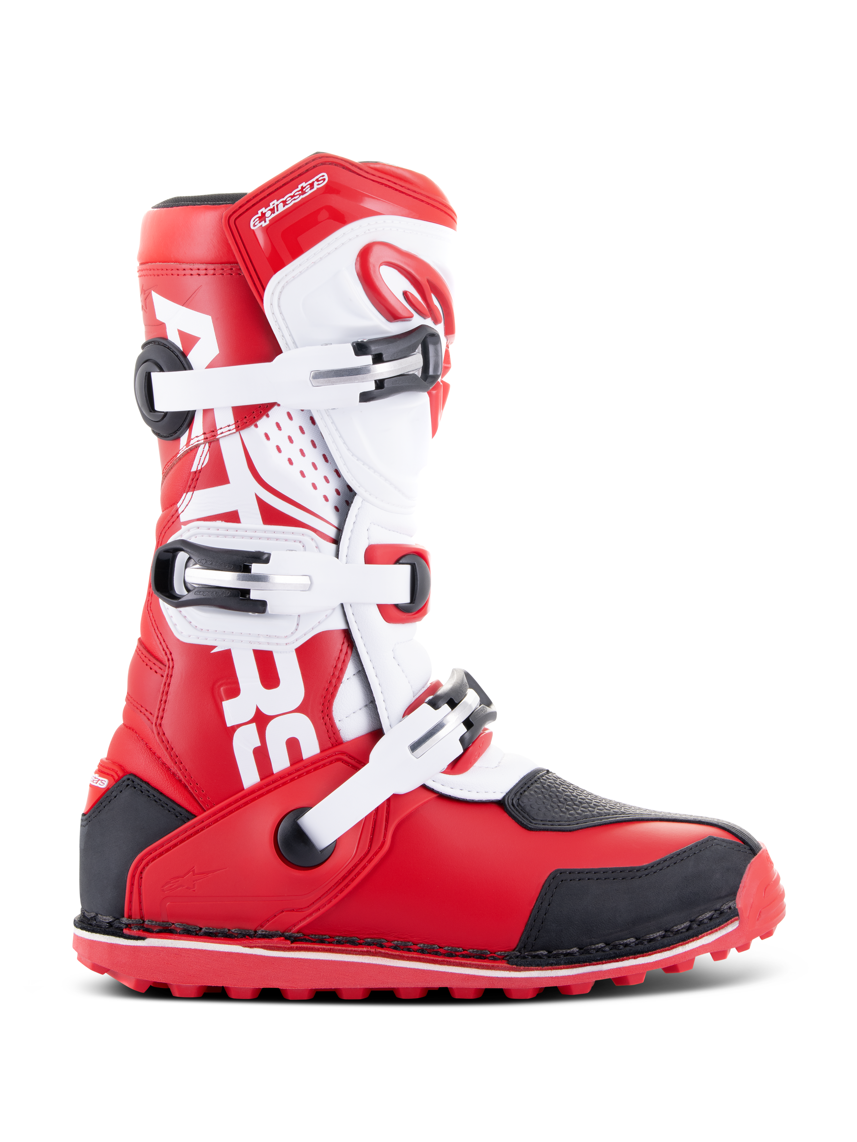 Alpinestars Tech-T Boots, stivali da moto Trial, rosso vivace, nero e bianco, dotati di tre fibbie regolabili, placca parastinchi ergonomica e suola rossa testurizzata per prestazioni trial off-road