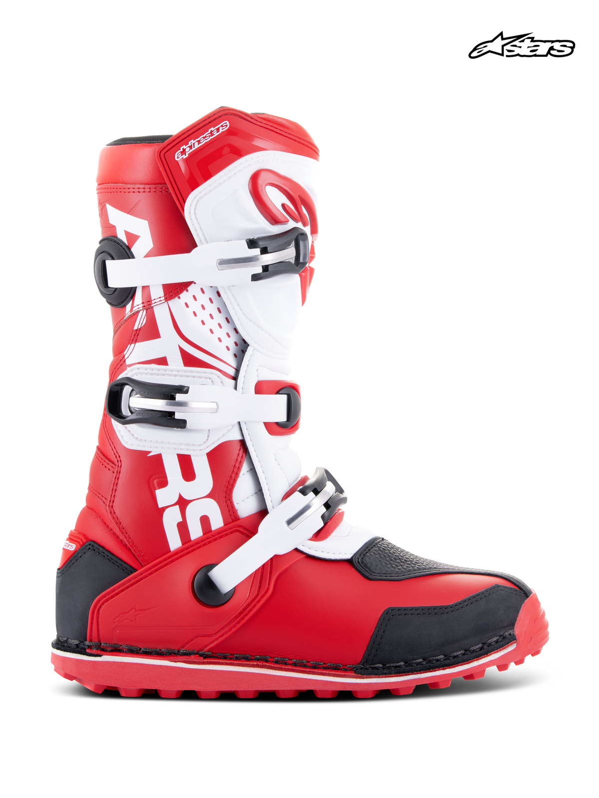 Alpinestars Stivali Tech-T, stivali da moto trial e off-road, rosso brillante, nero e bianco, con struttura in pelle e microfibra, sistema di chiusura a tre fibbie e parastinco ergonomico