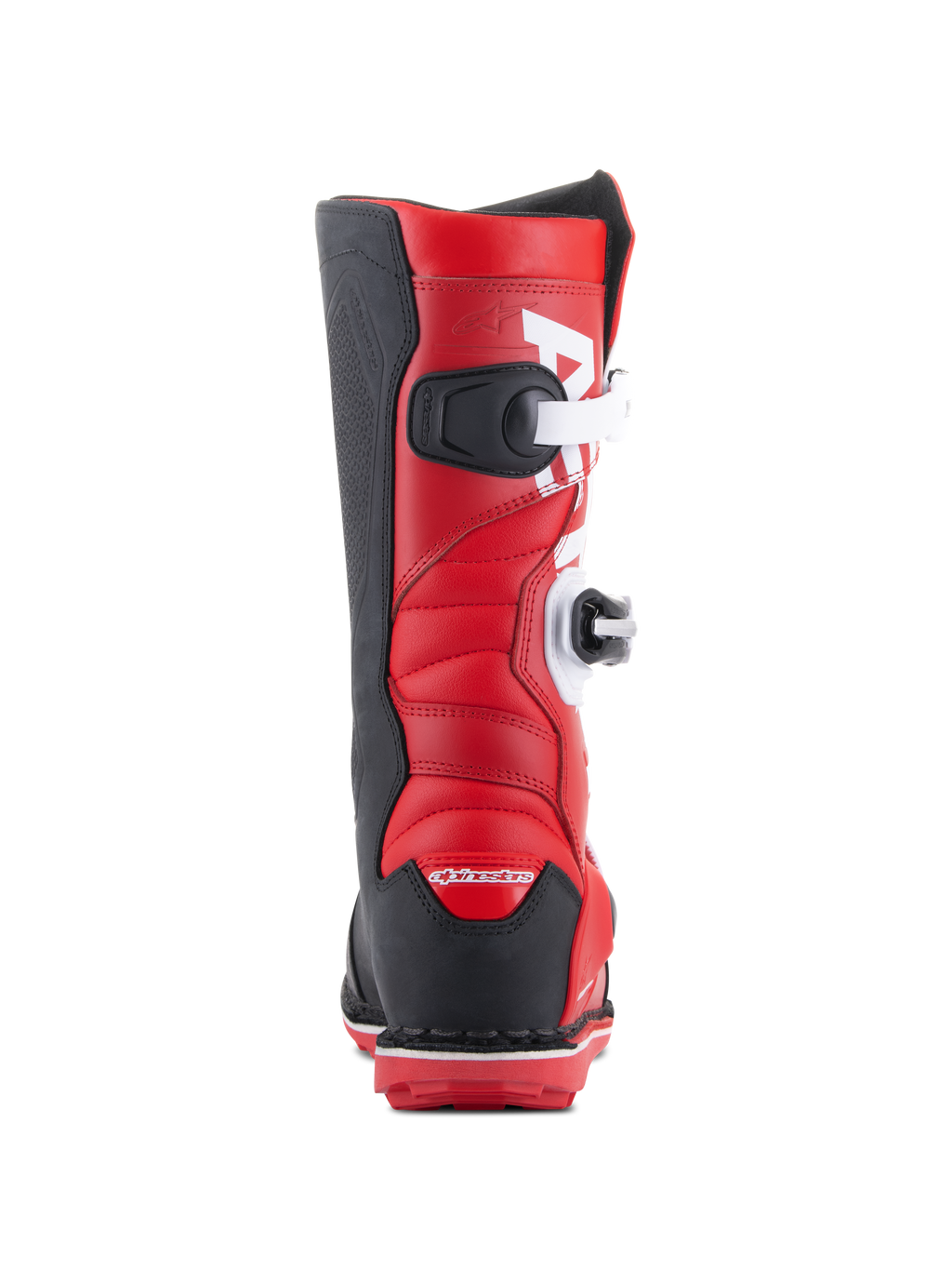 Stivali Alpinestars Tech-T, stivali da moto da trial, rosso acceso, nero e bianco, vista posteriore che mostra le chiusure a fibbia bianche, tallone e pannelli laterali neri e tomaia in pelle rossa imbottita per trial fuoristrada