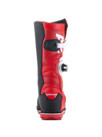 Stivali Alpinestars Tech-T, stivali da moto da trial, rosso acceso, nero e bianco, vista posteriore che mostra le chiusure a fibbia bianche, tallone e pannelli laterali neri e tomaia in pelle rossa imbottita per trial fuoristrada