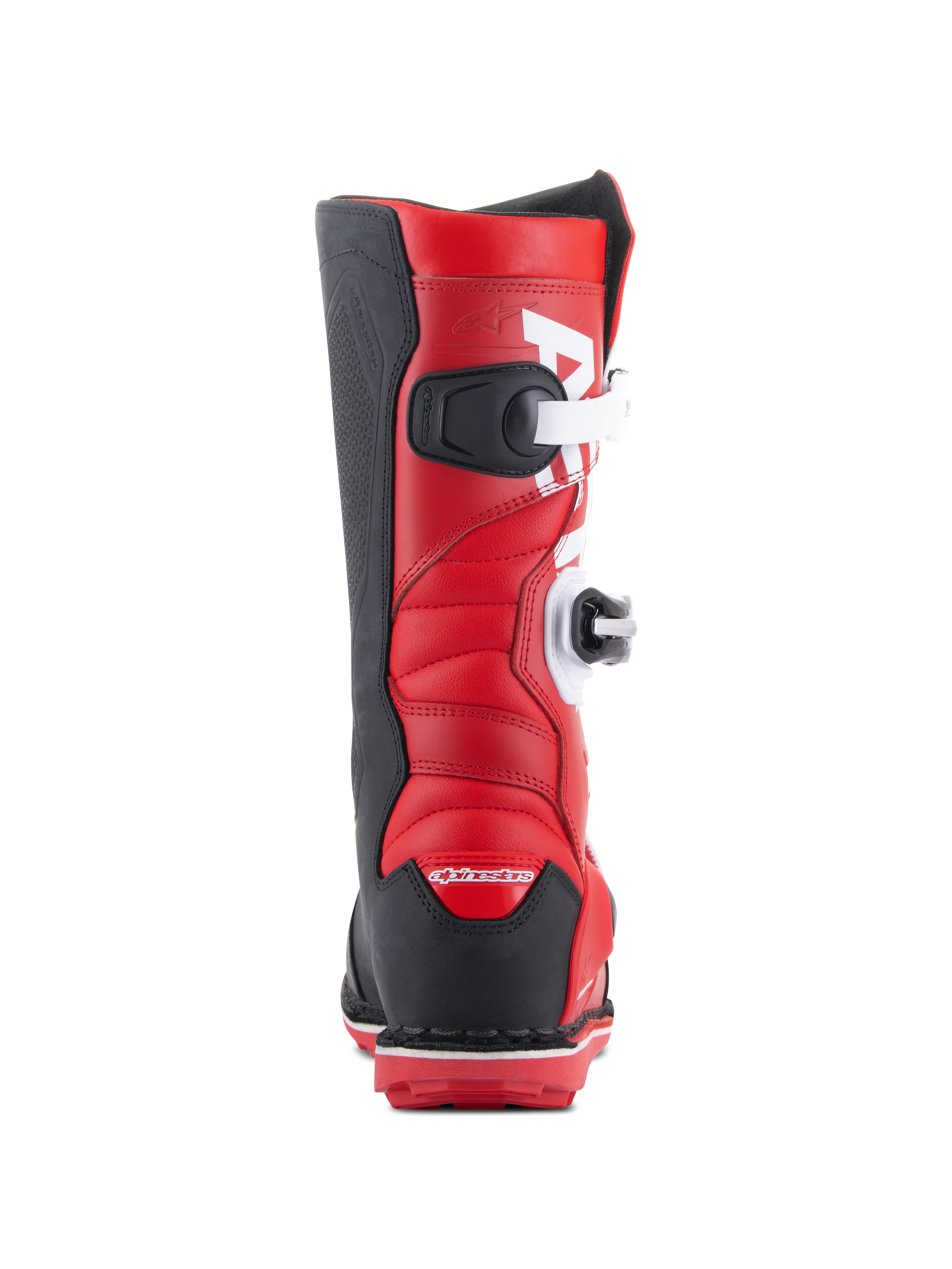 Stivali Alpinestars Tech-T, stivali da moto da trial, rosso acceso, nero e bianco, vista posteriore che mostra le chiusure a fibbia bianche, tallone e pannelli laterali neri e tomaia in pelle rossa imbottita per trial fuoristrada