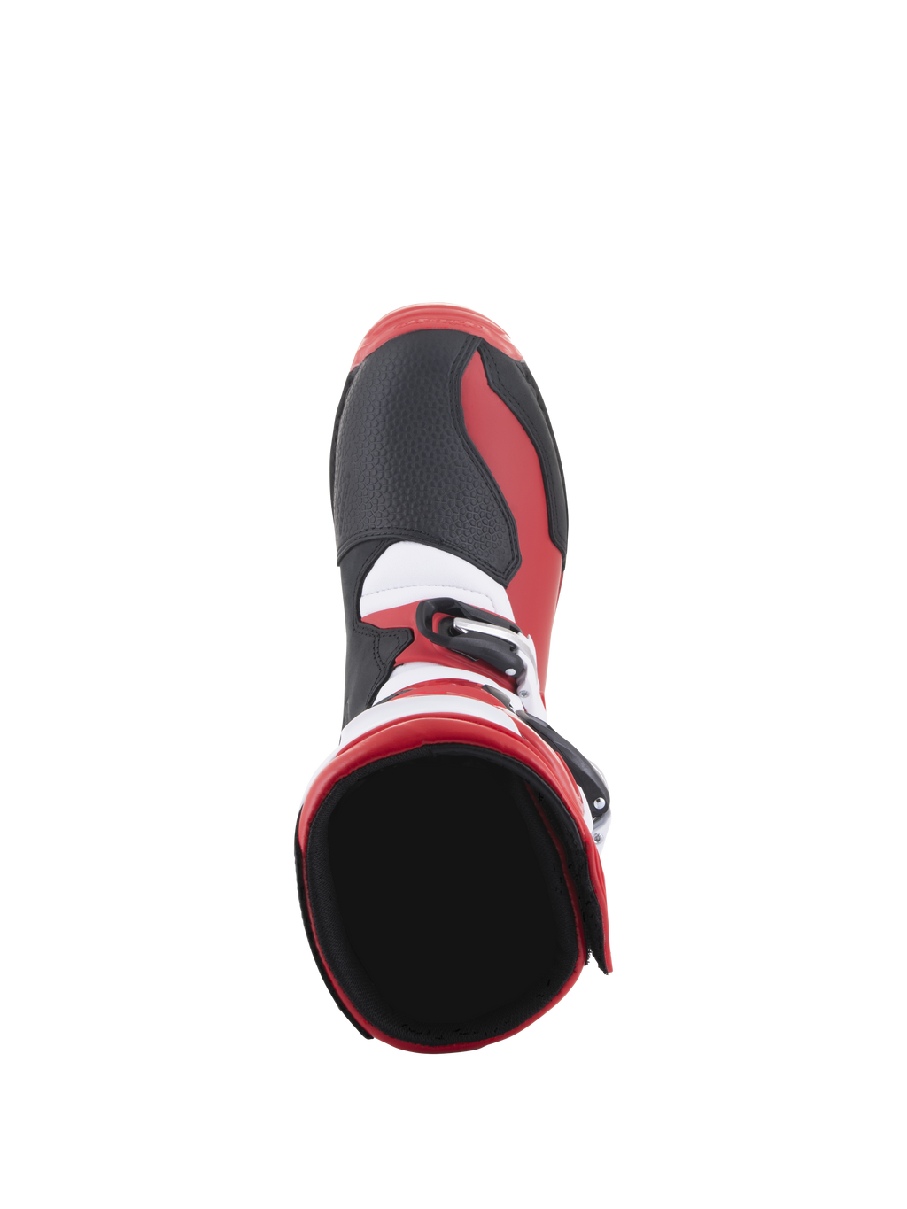 Stivali Alpinestars Tech-T, stivali da moto trial, rosso brillante nero bianco, vista dall'alto che mostra l'apertura interna della caviglia e l'area della punta, con pannelli neri testurizzati, accenti laterali rossi e dettagli bianchi, progettati per prestazioni off-road