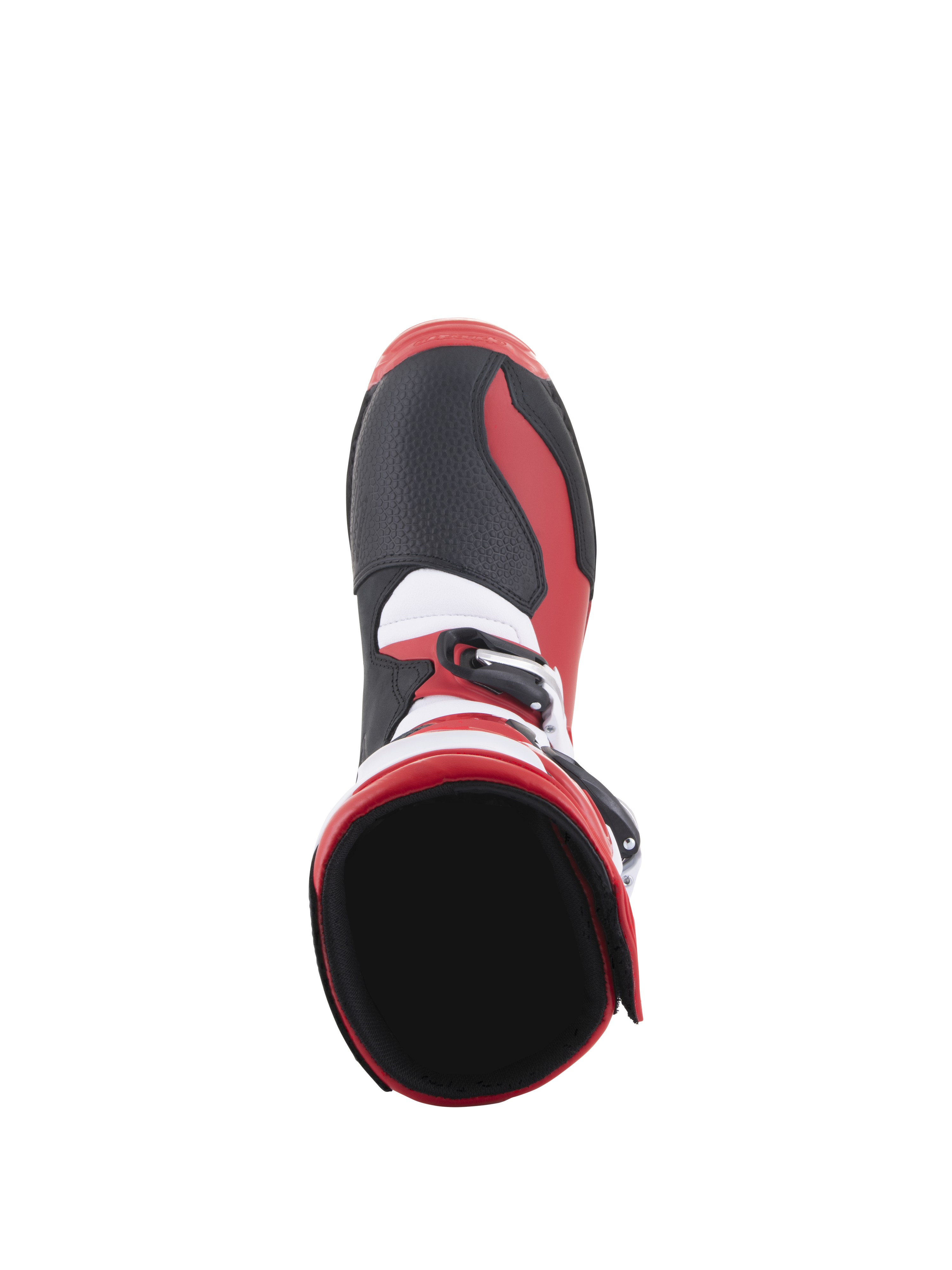 Stivali Alpinestars Tech-T, stivali da moto trial, rosso brillante nero bianco, vista dall'alto che mostra l'apertura interna della caviglia e l'area della punta, con pannelli neri testurizzati, accenti laterali rossi e dettagli bianchi, progettati per prestazioni off-road