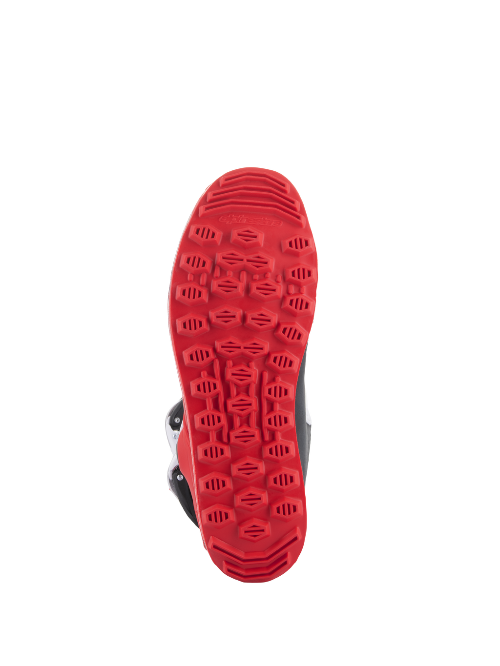 Alpinestars Tech-T Boots, Rosso Brillante Nero Bianco, esclusiva suola in gomma testurizzata rosso brillante progettata per il grip nel trial e la sensibilità sulle pedane