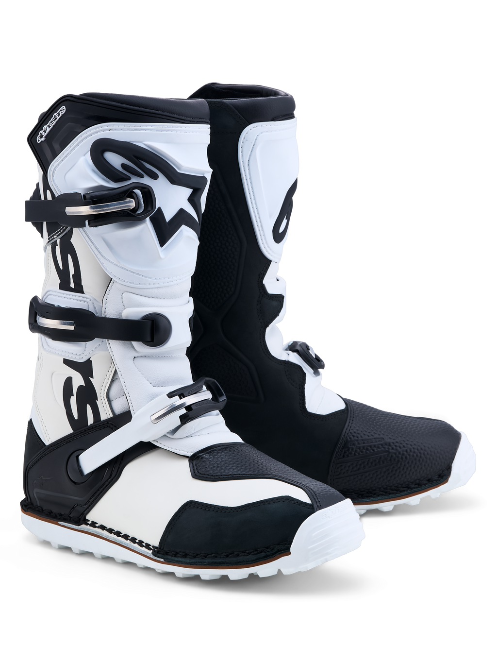 Alpinestars Stivali Tech-T, stivali da moto trials neri e bianchi in pelle con chiusura a tre fibbie e placche tibiali in TPU