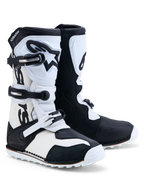 Alpinestars Stivali Tech-T, stivali da moto trials neri e bianchi in pelle con chiusura a tre fibbie e placche tibiali in TPU