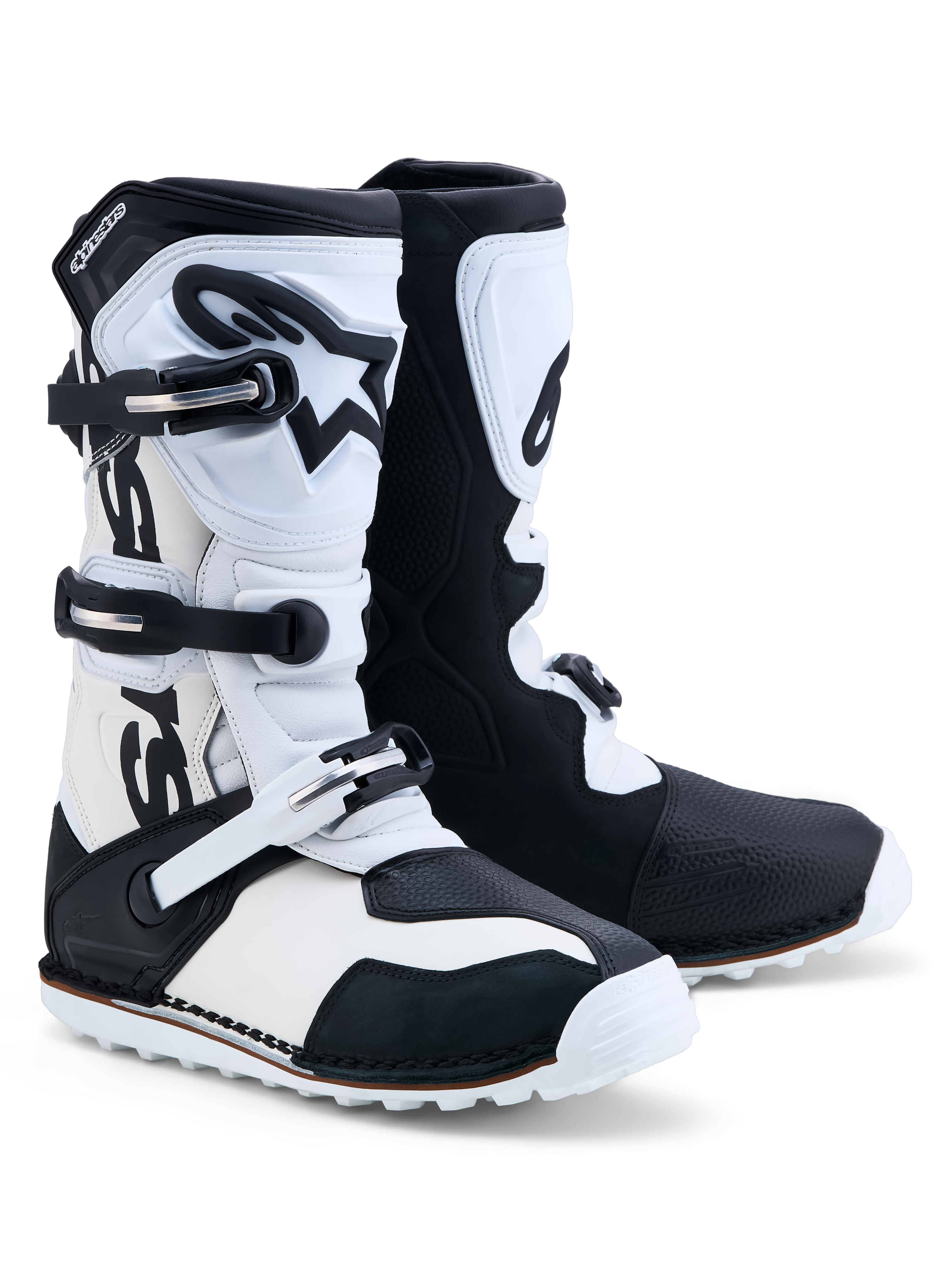 Alpinestars Stivali Tech-T, stivali da moto trials neri e bianchi in pelle con chiusura a tre fibbie e placche tibiali in TPU