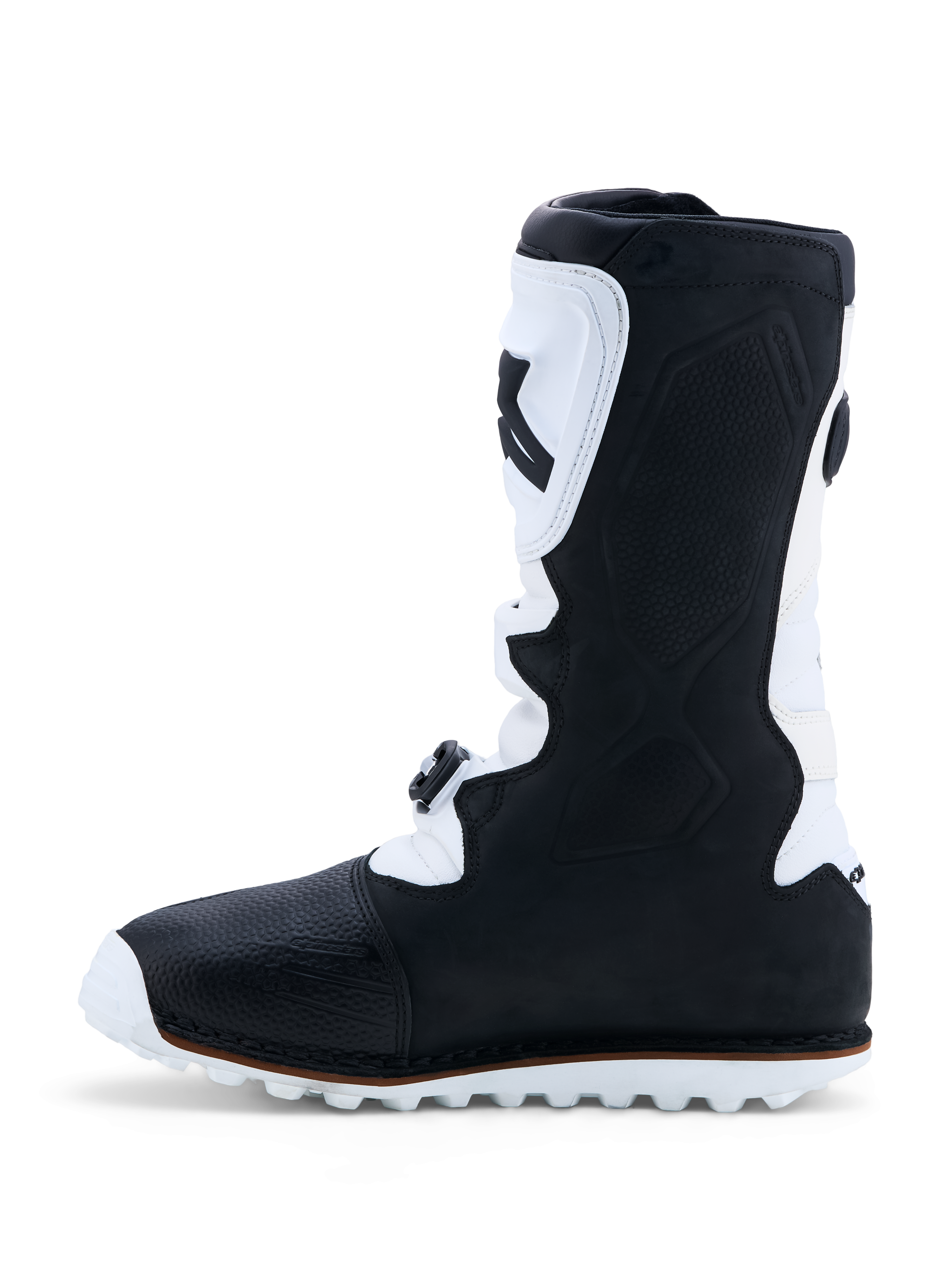 Alpinestars Stivali Tech-T, stivali da moto trial da uomo, neri e bianchi, realizzati in pelle con placca tibiale in TPU e suola ad alto grip, certificati CE