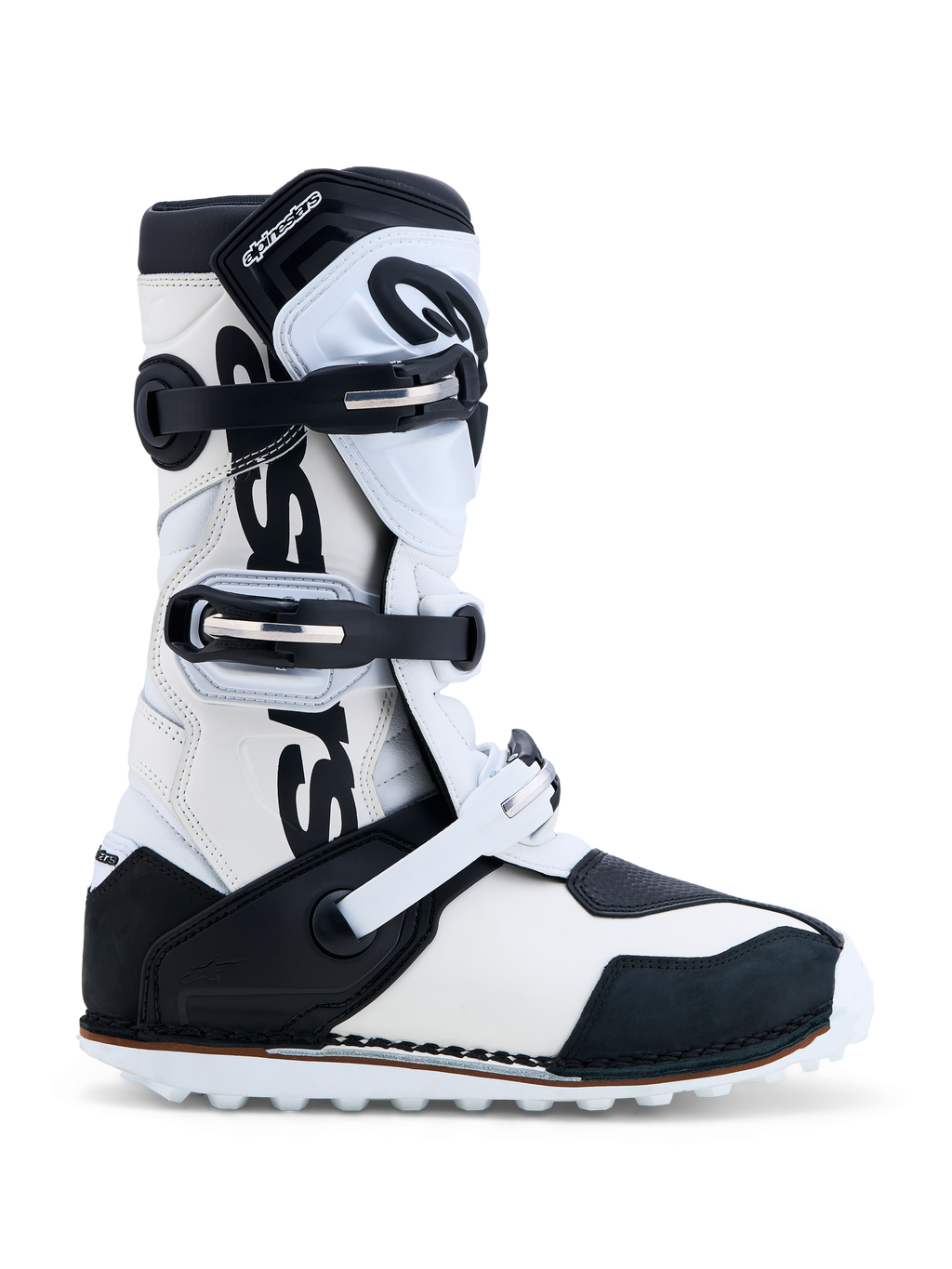 Alpinestars Stivali Tech-T, stivali da moto trials in pelle neri e bianchi con placca tibiale in TPU, certificati CE.