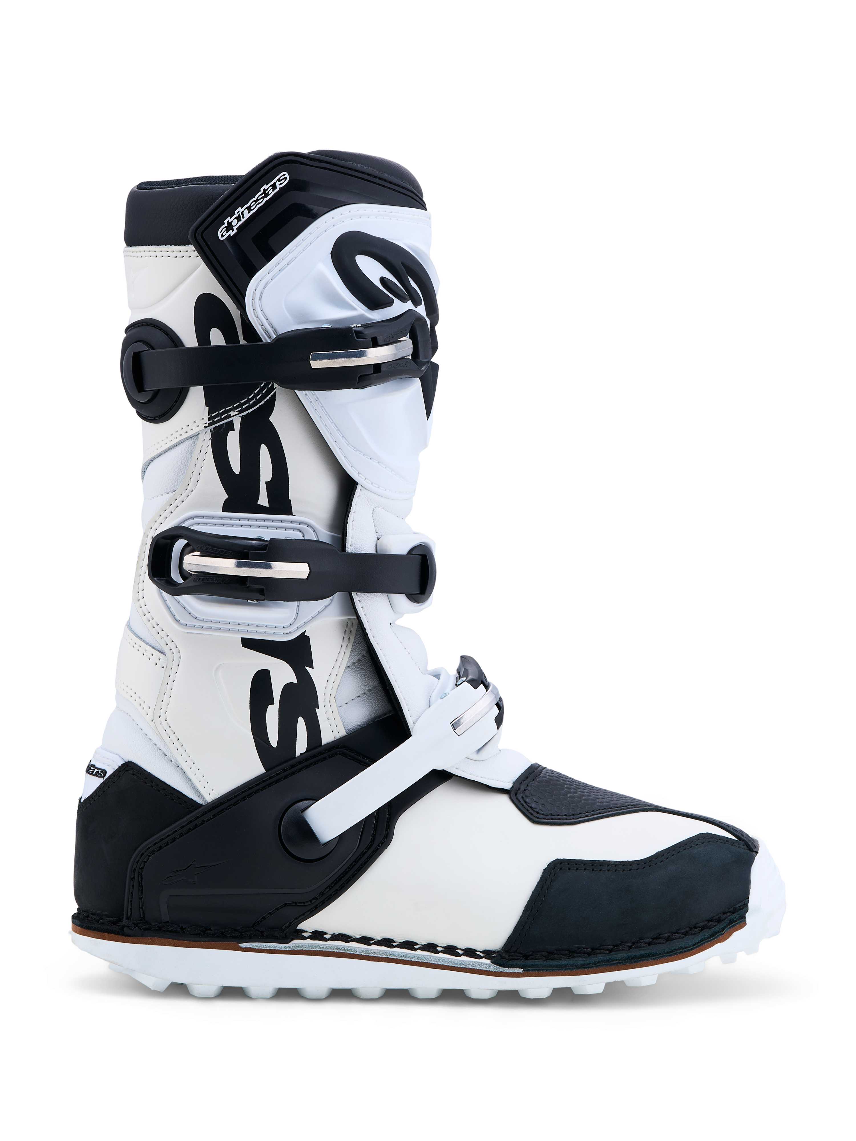 Alpinestars Stivali Tech-T, stivali da moto trials in pelle neri e bianchi con placca tibiale in TPU, certificati CE.