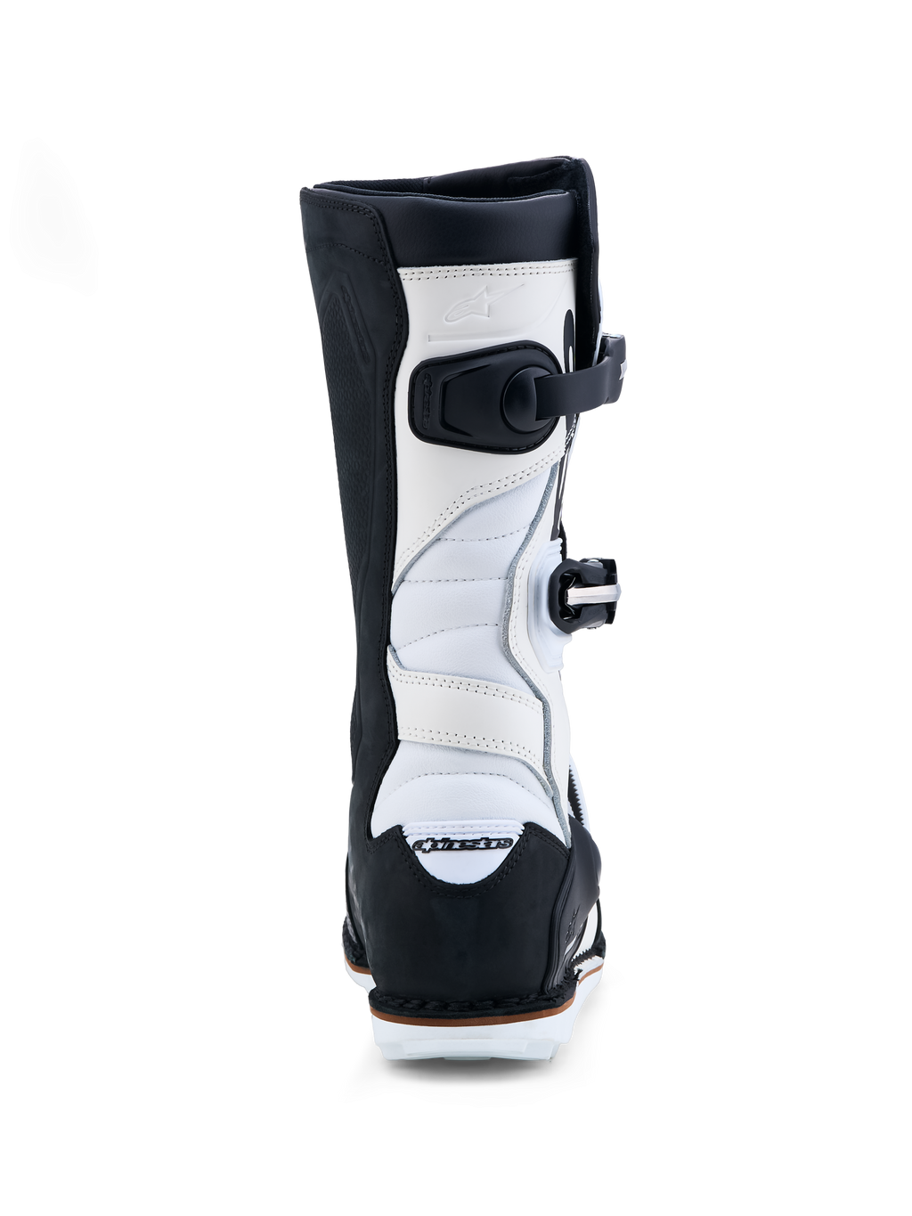 Alpinestars Stivali Tech-T, stivali da trial da uomo, neri e bianchi, in pelle con zone a fisarmonica, vista posteriore