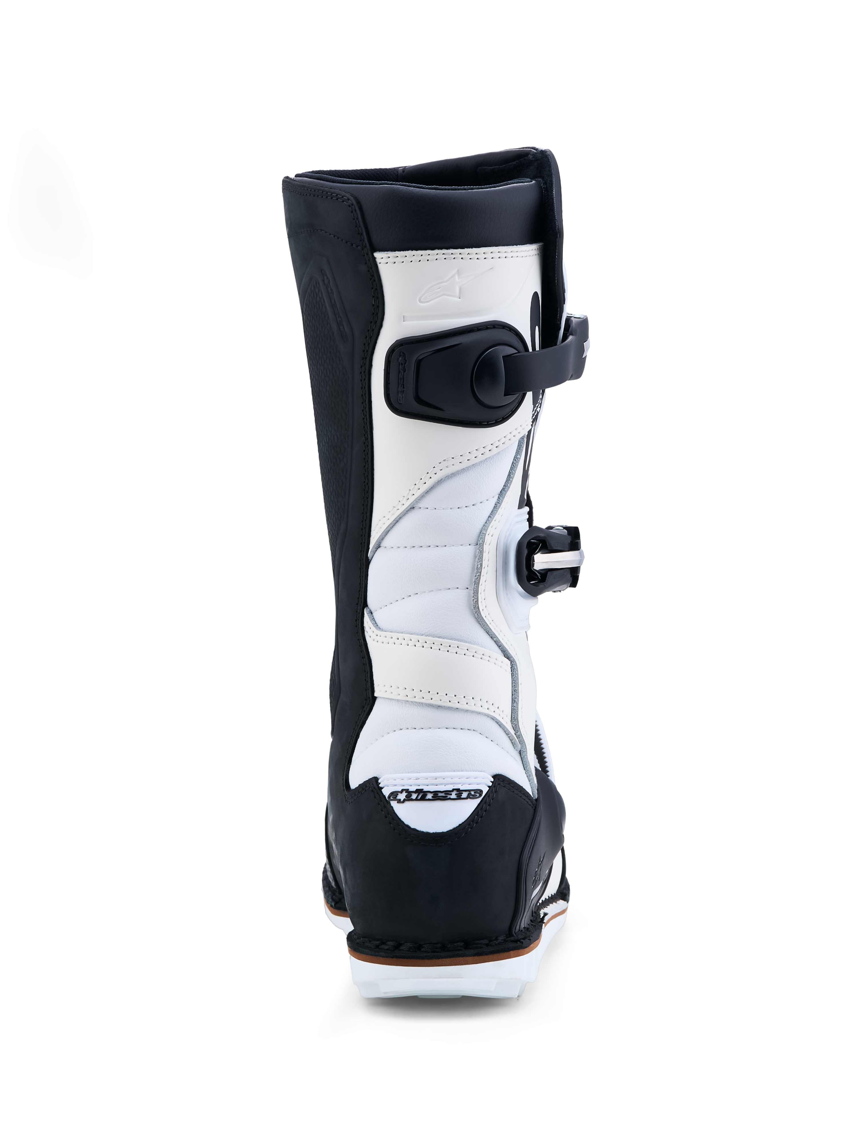 Alpinestars Stivali Tech-T, stivali da trial da uomo, neri e bianchi, in pelle con zone a fisarmonica, vista posteriore