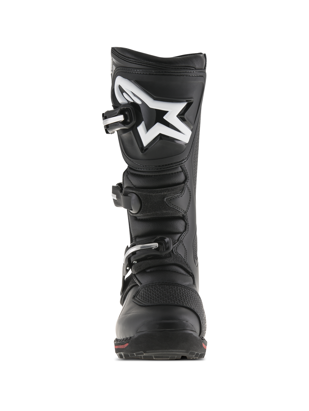 Alpinestars Tech-T Boots, stivali da moto per trial, nero e rosso, vista frontale con placca paratibiale ergonomica e logo Astar bianco, sistema di chiusura a tre ganci e robusta struttura in pelle con dettaglio rosso sulla suola