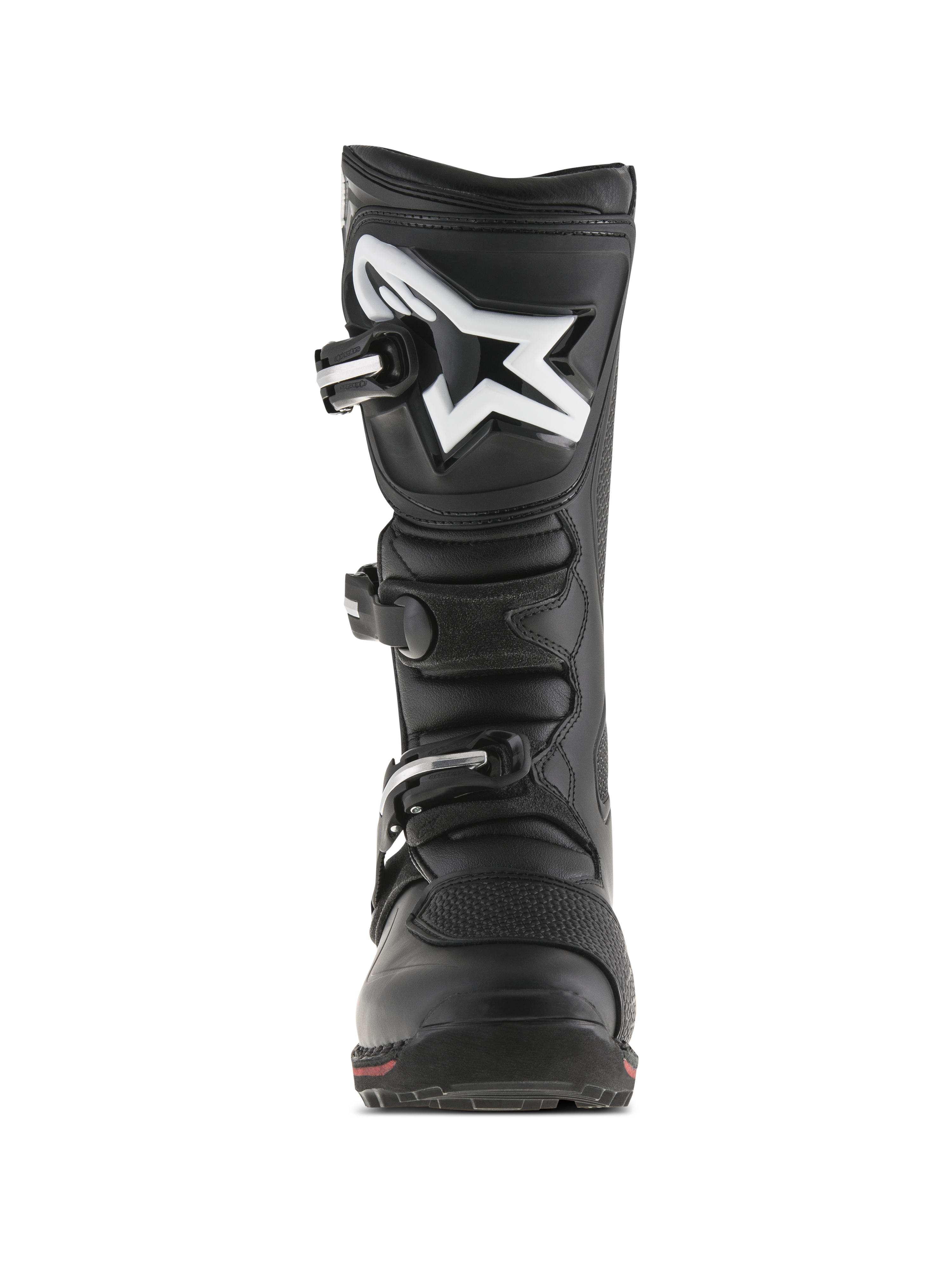 Alpinestars Tech-T Boots, stivali da moto per trial, nero e rosso, vista frontale con placca paratibiale ergonomica e logo Astar bianco, sistema di chiusura a tre ganci e robusta struttura in pelle con dettaglio rosso sulla suola