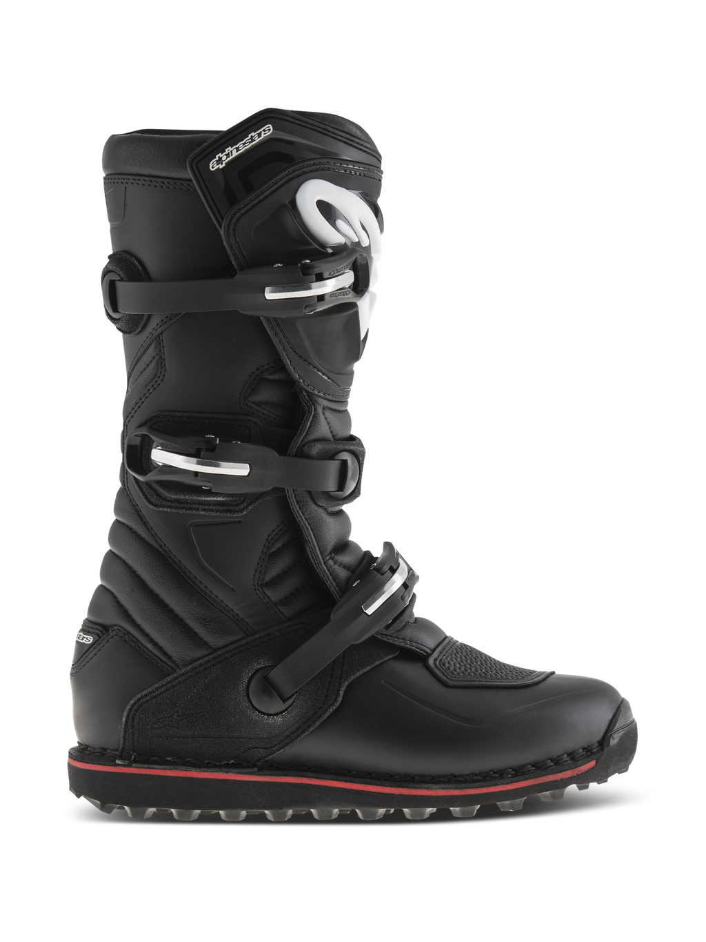 Stivali Alpinestars Tech-T, stivali da moto per trial e fuoristrada, neri con dettagli rossi, vista di profilo con tre fibbie regolabili, logo bianco sulla placca tibiale ergonomica, pannelli in pelle testurizzata e suola robusta ad alta aderenza per il controllo della moto