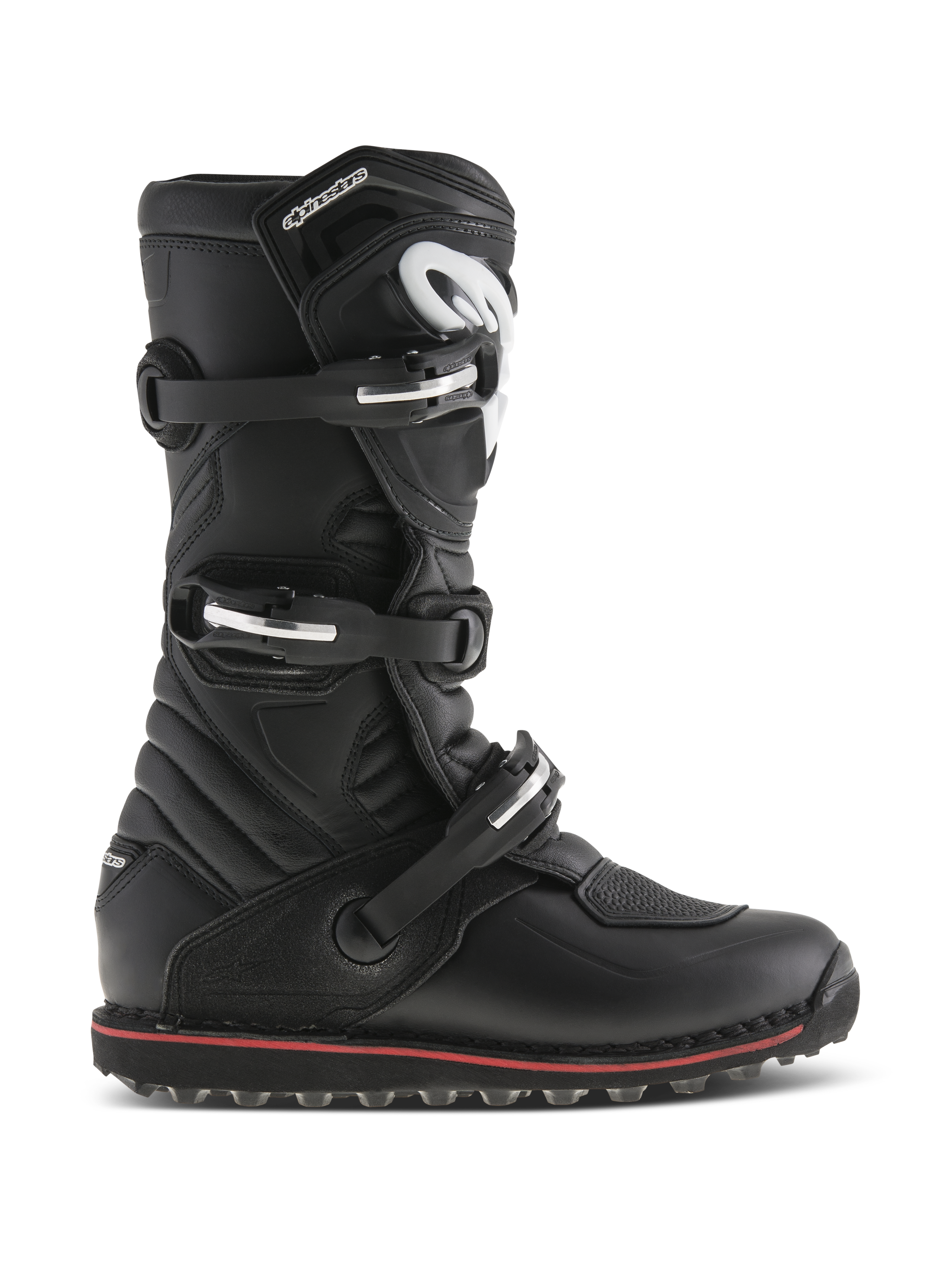 Stivali Alpinestars Tech-T, stivali da moto per trial e fuoristrada, neri con dettagli rossi, vista di profilo con tre fibbie regolabili, logo bianco sulla placca tibiale ergonomica, pannelli in pelle testurizzata e suola robusta ad alta aderenza per il controllo della moto