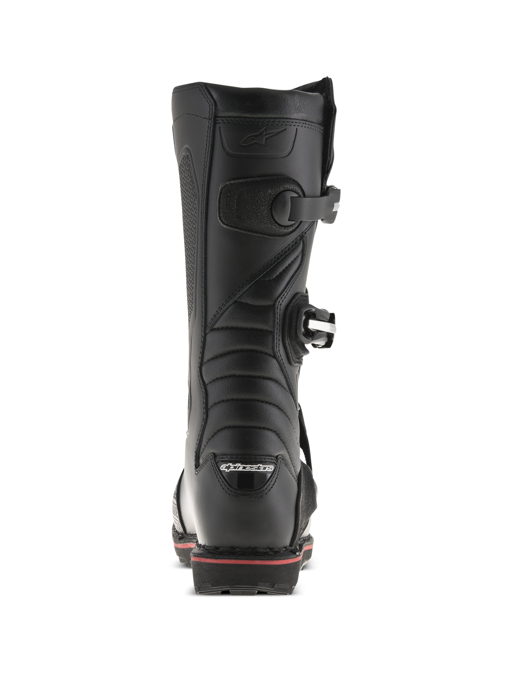 Stivali Alpinestars Tech-T, stivali da trial, nero e rosso, vista posteriore con logo Alpinestars sul tallone, chiusure a fibbia e una linea rossa lungo la suola, design tecnico per calzature da fuoristrada