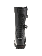Stivali Alpinestars Tech-T, stivali da trial, nero e rosso, vista posteriore con logo Alpinestars sul tallone, chiusure a fibbia e una linea rossa lungo la suola, design tecnico per calzature da fuoristrada