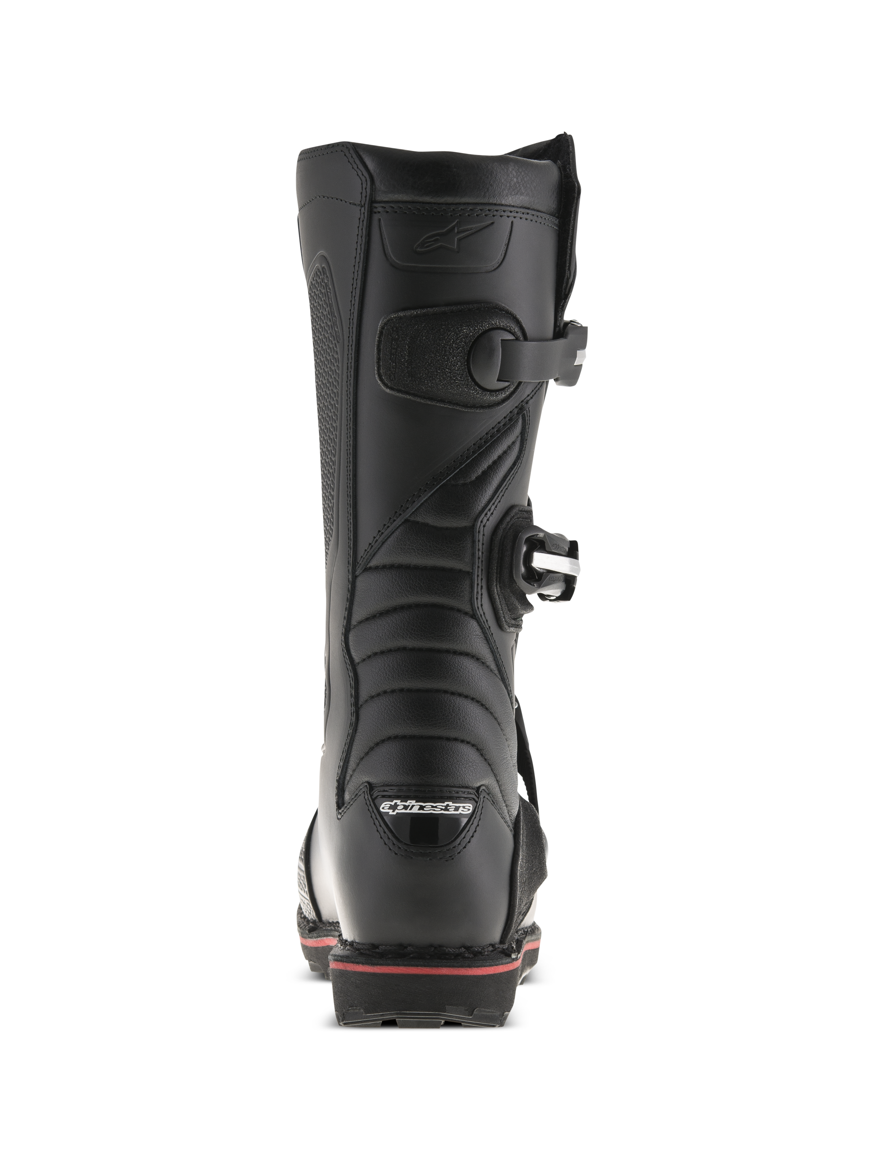 Stivali Alpinestars Tech-T, stivali da trial, nero e rosso, vista posteriore con logo Alpinestars sul tallone, chiusure a fibbia e una linea rossa lungo la suola, design tecnico per calzature da fuoristrada