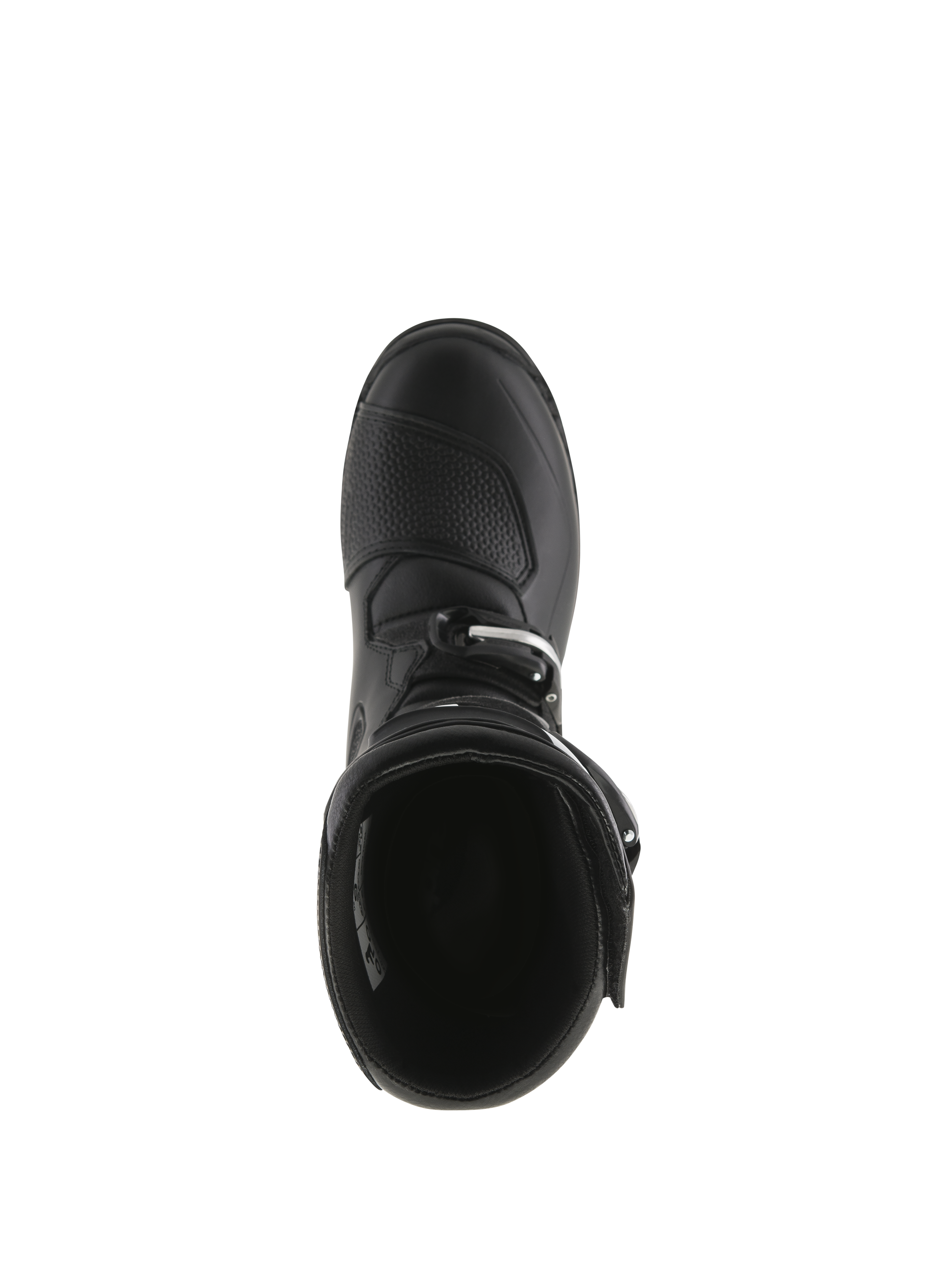 Alpinestars Tech-T Boots, stivali da moto da trial, nero, vista dall'alto che mostra l'apertura interna, paracambio testurizzato sulla punta e chiusura con fibbia