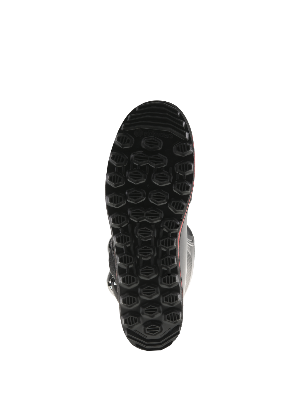 Stivali Alpinestars Tech-T, vista della suola, nero con accenti rossi, con motivo a tasselli esagonali testurizzati, suola da trial proprietaria progettata per offrire massimo grip e sensibilità sulle pedane