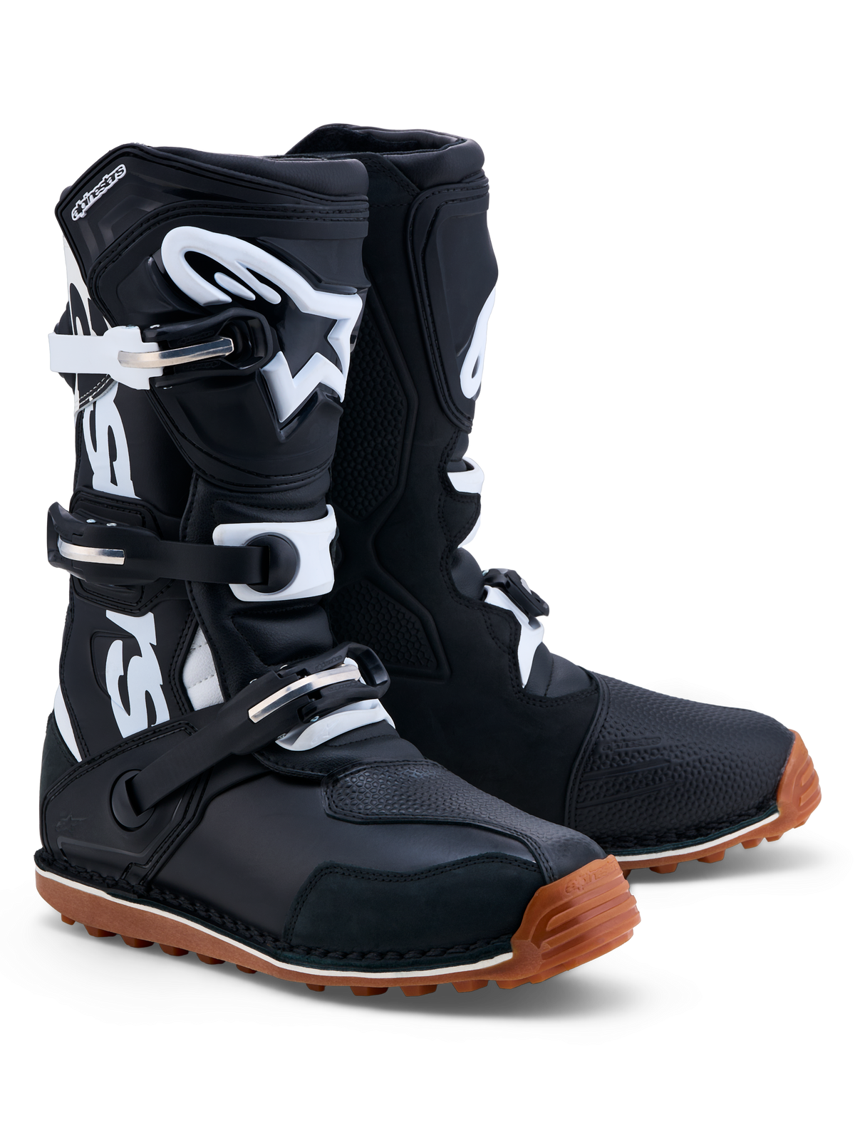 Alpinestars Stivali Tech-T, stivali da moto trials per uomo, neri e bianchi, in pelle con placca tibiale in TPU e suola in gomma ad alta aderenza, certificati CE