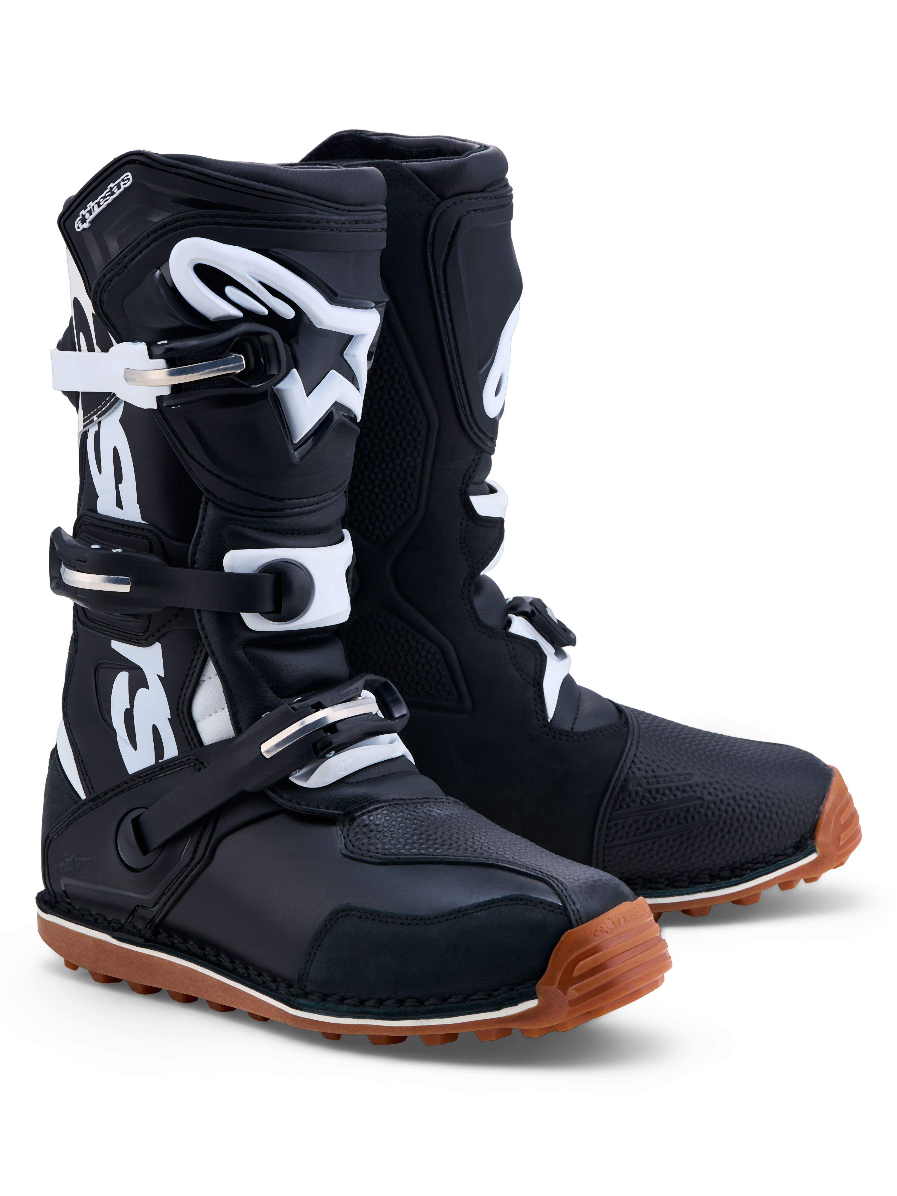 Alpinestars Stivali Tech-T, stivali da moto trials per uomo, neri e bianchi, in pelle con placca tibiale in TPU e suola in gomma ad alta aderenza, certificati CE