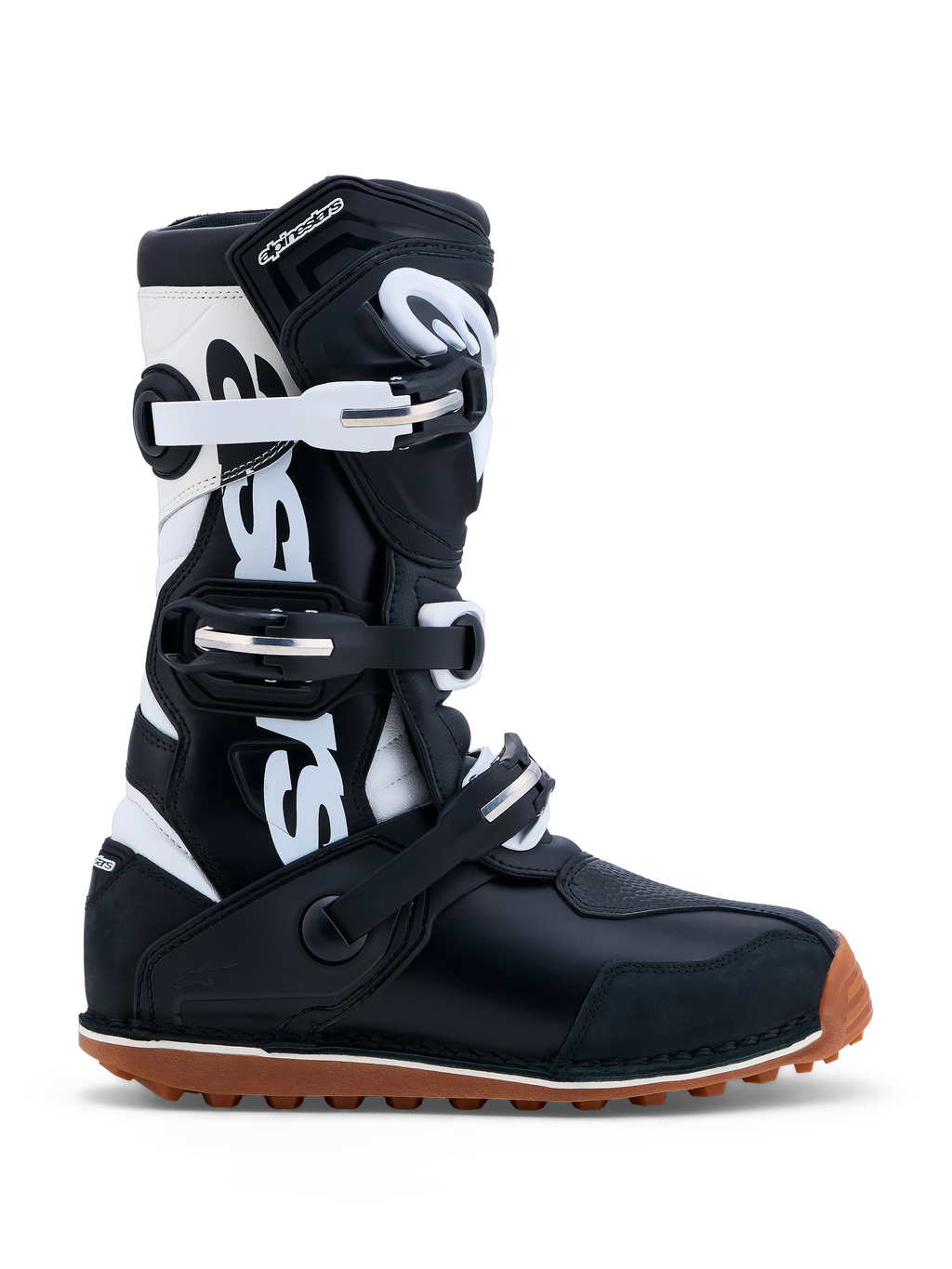 Alpinestars Stivali Tech-T, stivali da moto trial per uomo, neri e bianchi, in pelle e microfibra, suola color para ad alta aderenza, certificati CE, sistema di chiusura a tre fibbie.